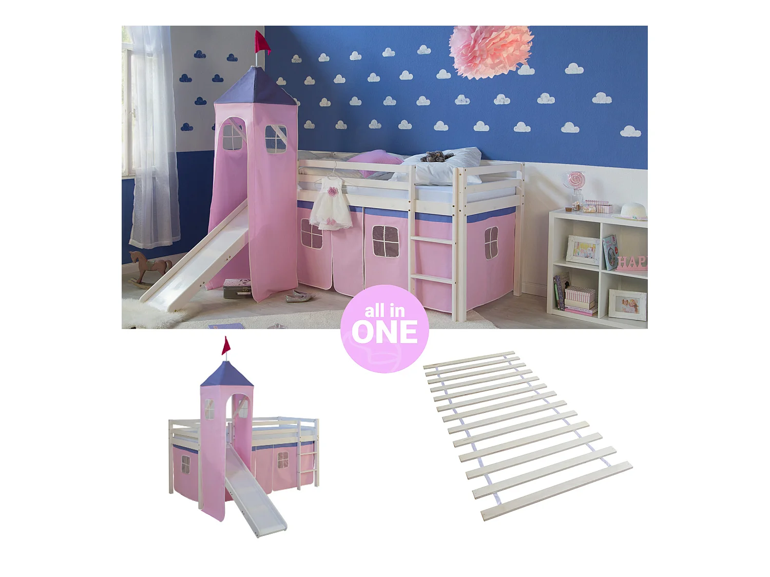 Hochbett mit Rutsche 90x200 cm Rosa Massives Kiefernholz Vorhang