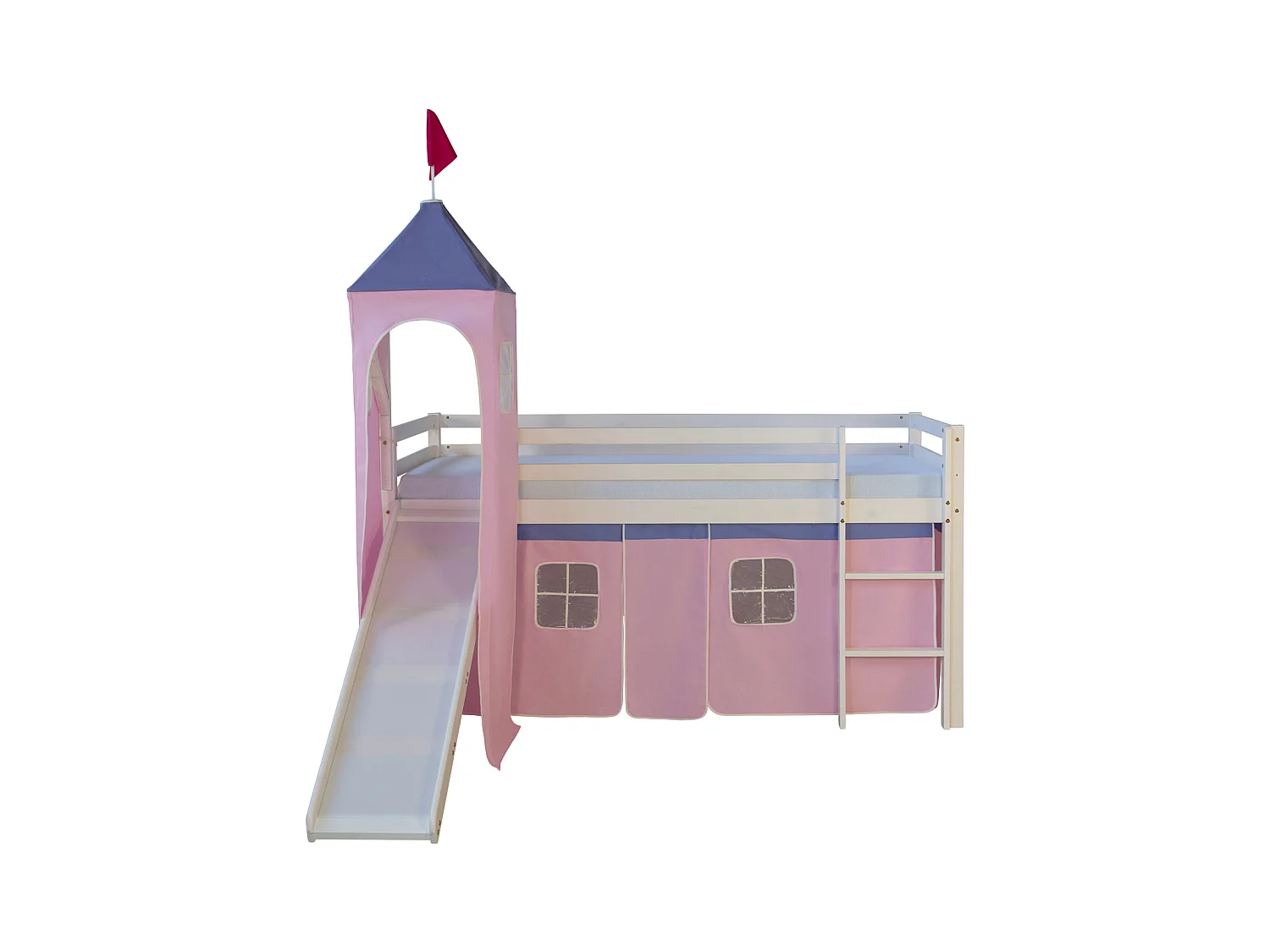 Hochbett mit Rutsche 90x200 cm Rosa Massives Kiefernholz Vorhang