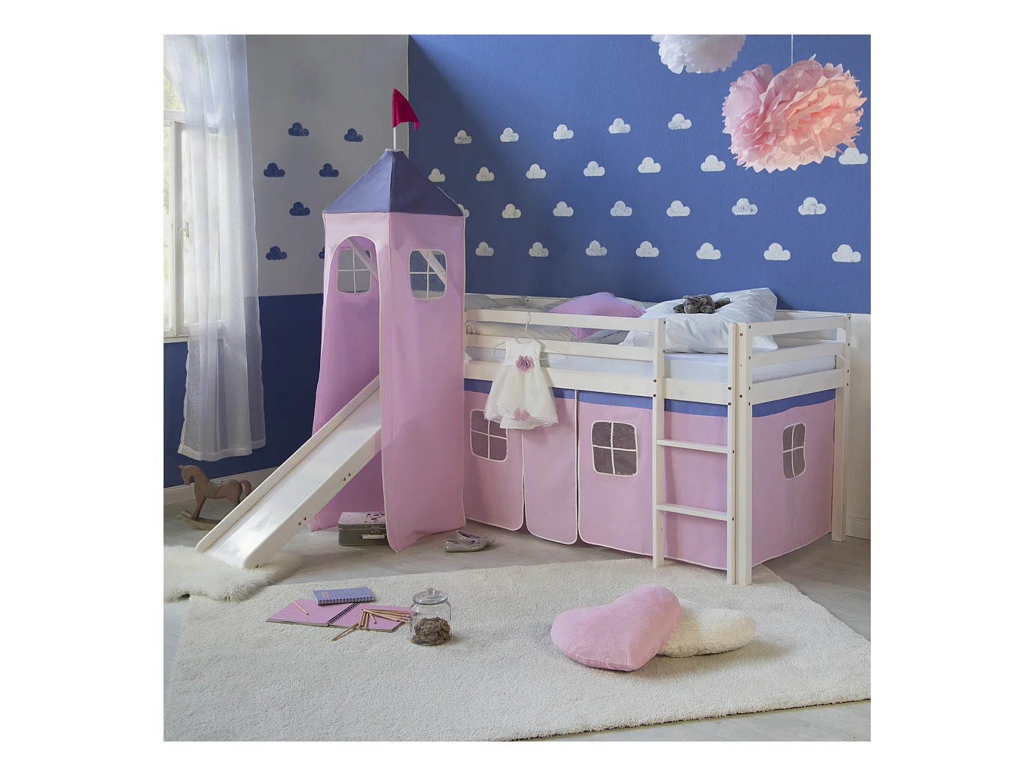 Letto a soppalco con scivolo 90x200 cm Rosa Legno di pino massiccio Tenda