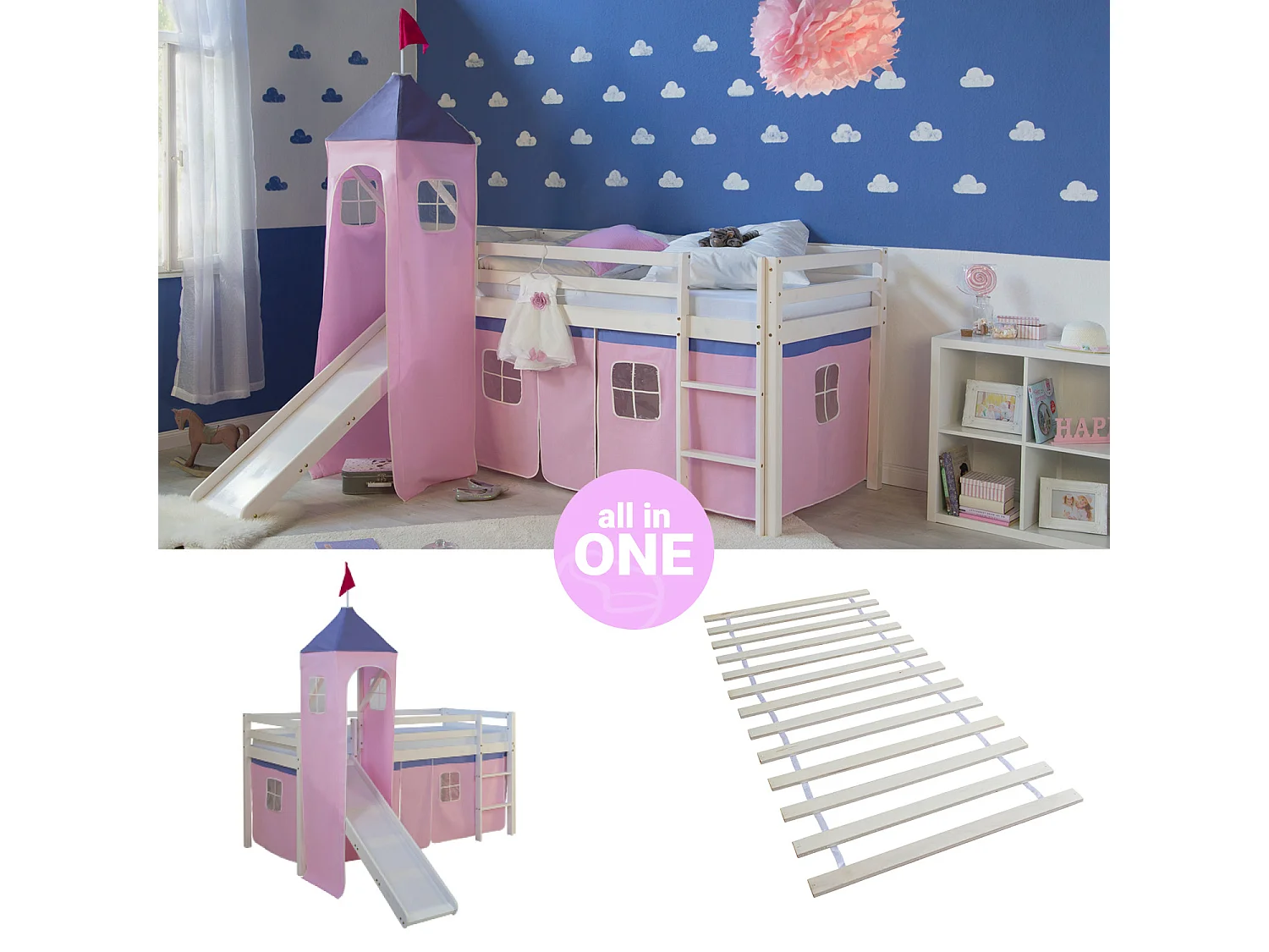 Lit mezzanine avec toboggan 90x200 cm Rose Bois de pin massif Rideau