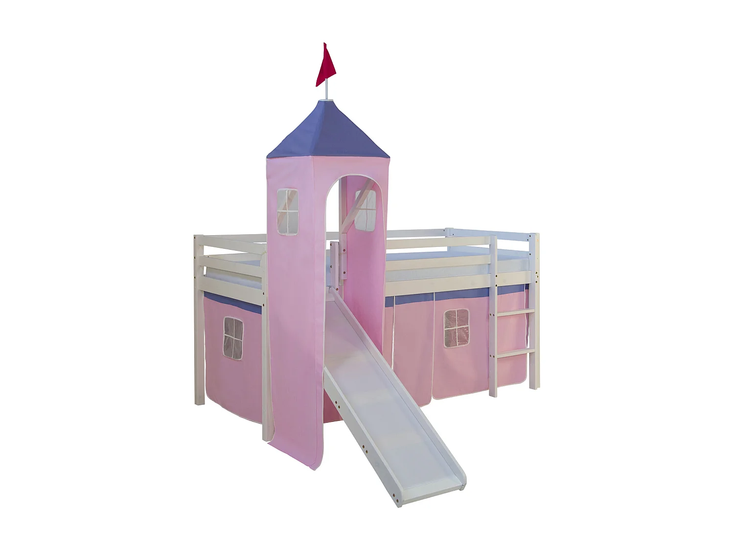 Lit mezzanine avec toboggan 90x200 cm Rose Bois de pin massif Rideau