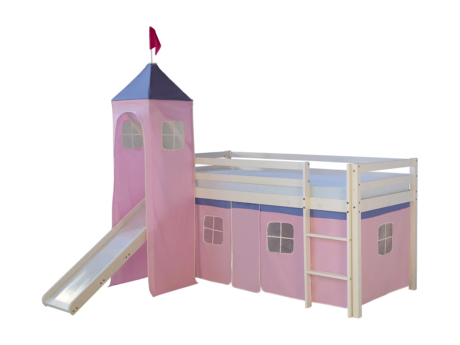 Lit mezzanine avec toboggan 90x200 cm Rose Bois de pin massif Rideau