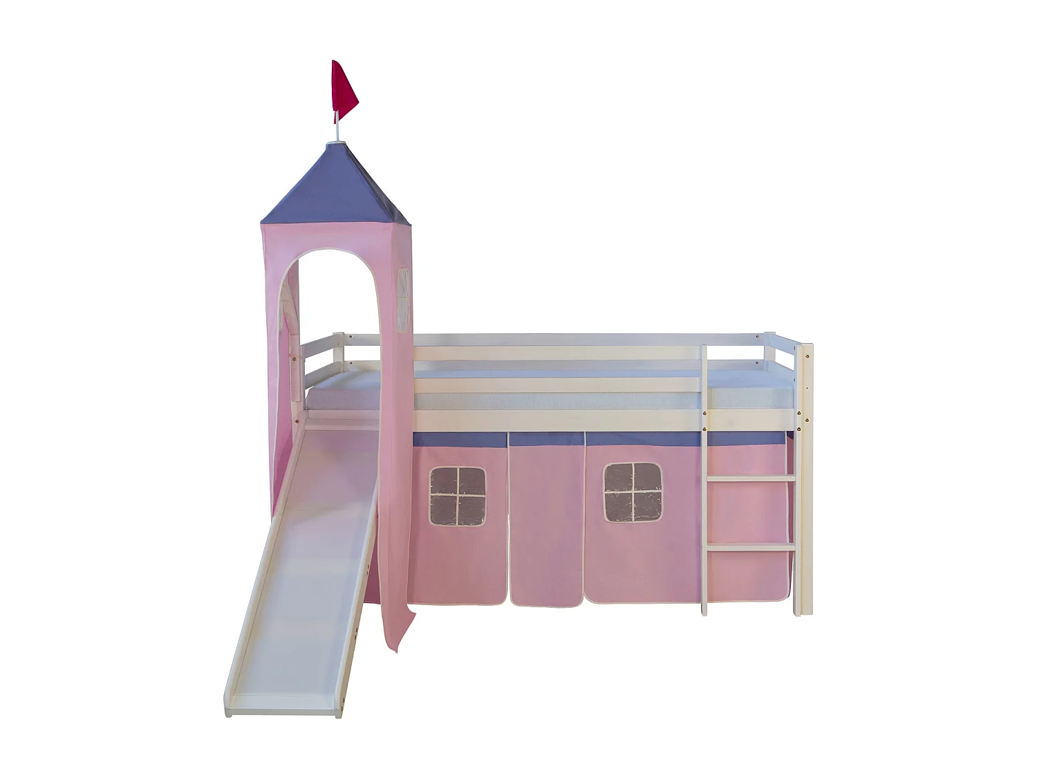 Lit mezzanine avec toboggan 90x200 cm Rose Bois de pin massif Rideau