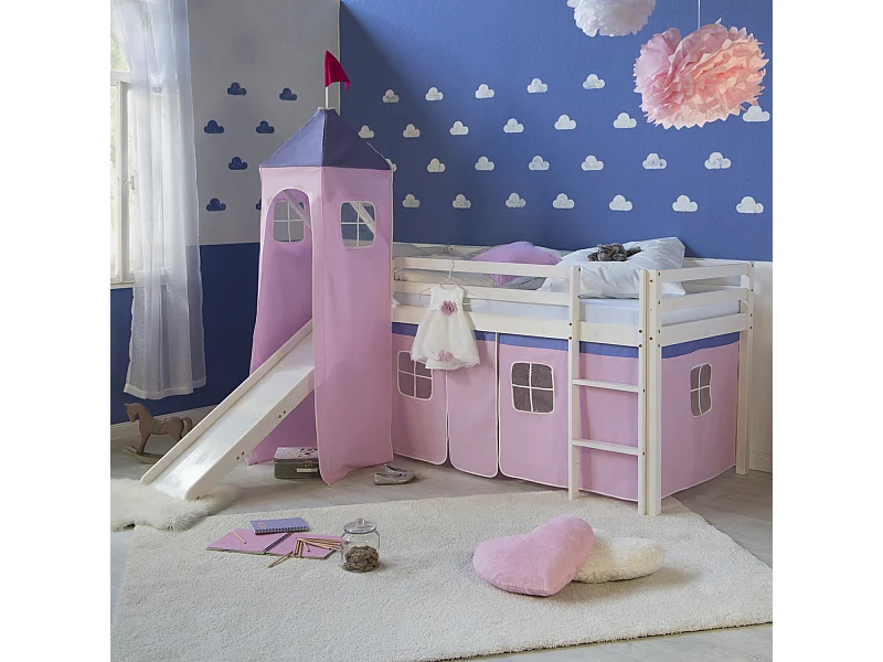 Cama alta com escorrega 90x200 cm Rosa Madeira Maciça de Pinho Cortina