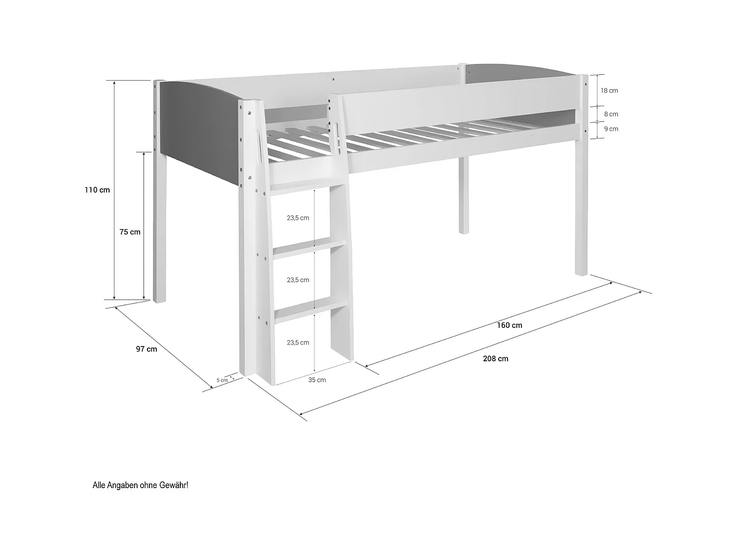 Etagenbett 90x200 cm weiß grau