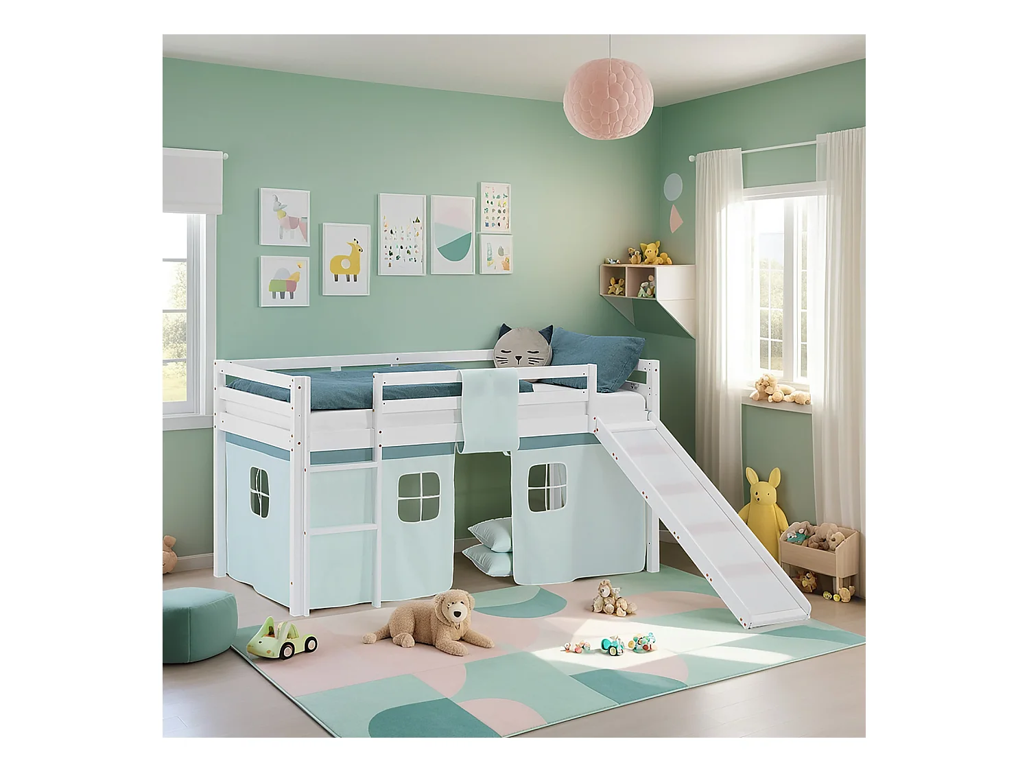 Hochbett für Kinder 90x200 cm weiß mit mintgrünen Vorhang