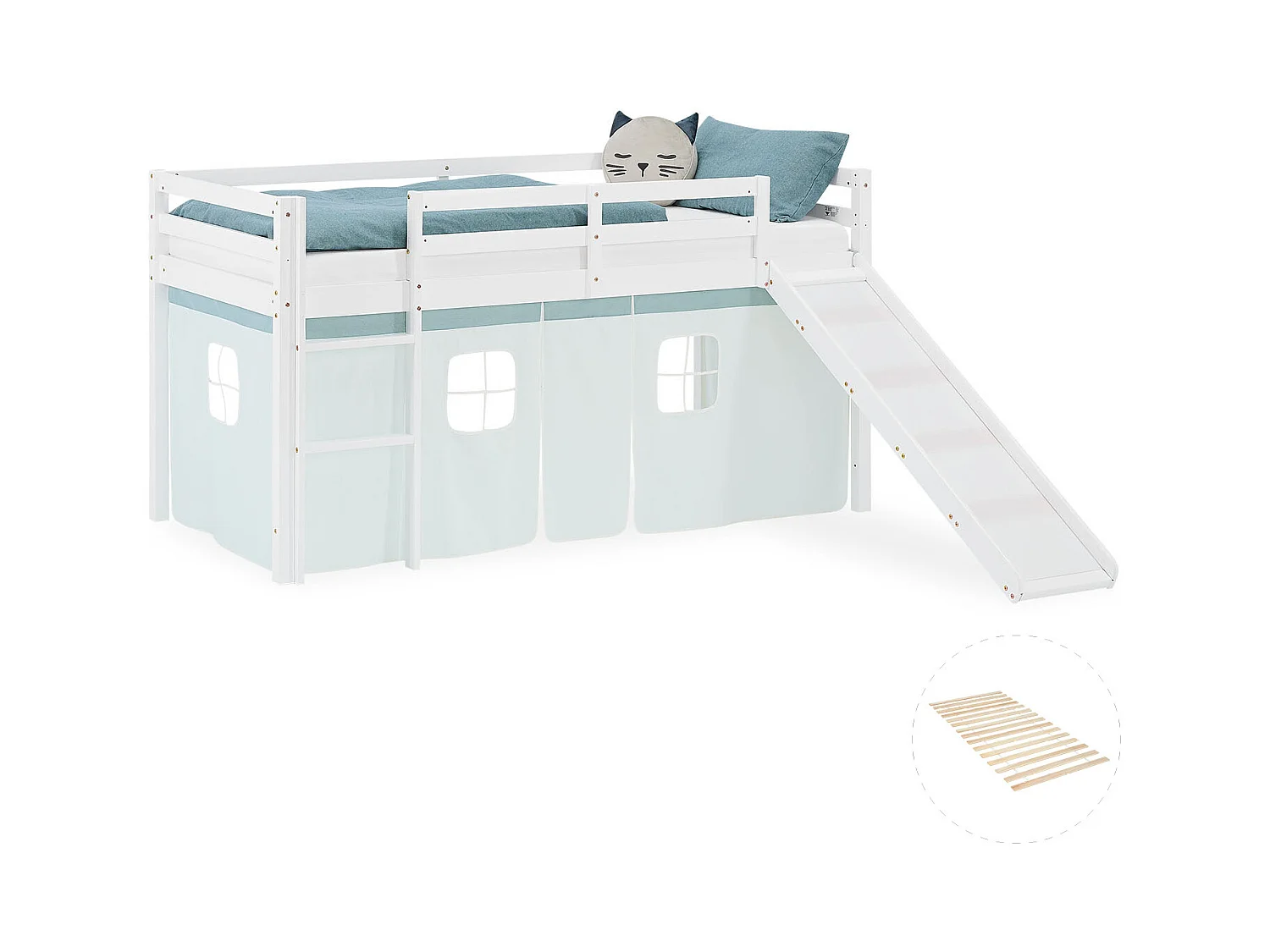 Hochbett für Kinder 90x200 cm weiß mit mintgrünen Vorhang