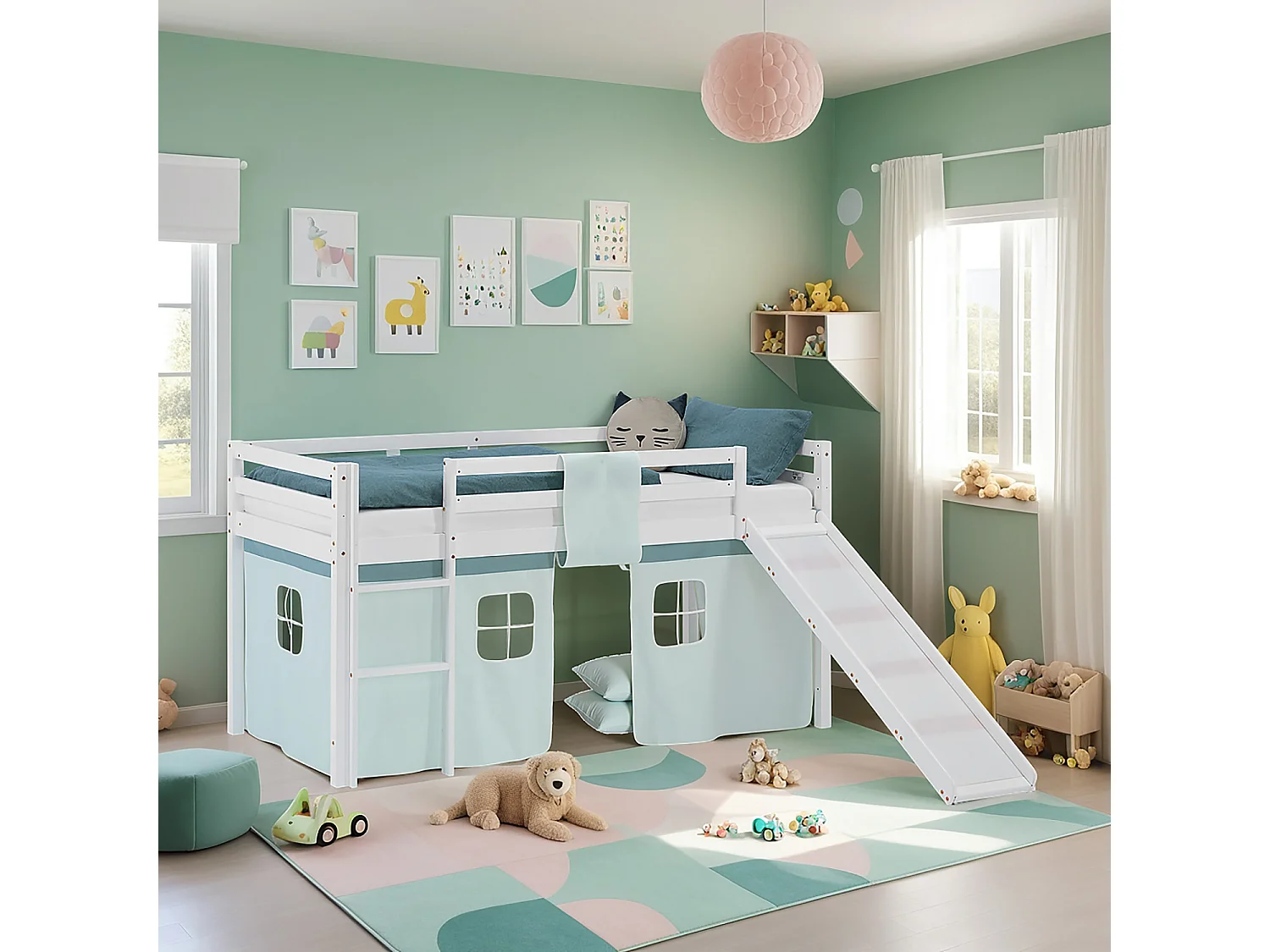 Hochbett für Kinder 90x200 cm weiß mit mintgrünen Vorhang