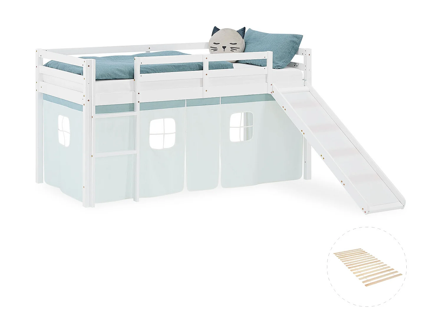 Hochbett für Kinder 90x200 cm weiß mit mintgrünen Vorhang