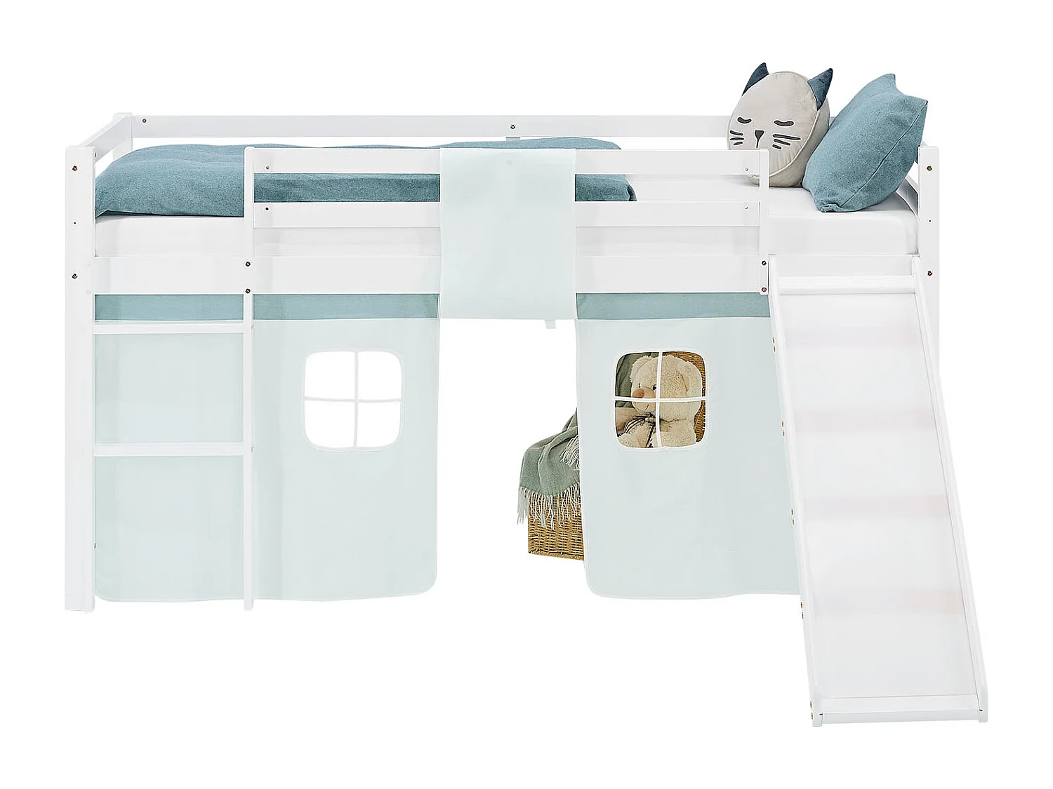 Hochbett für Kinder 90x200 cm weiß mit mintgrünen Vorhang