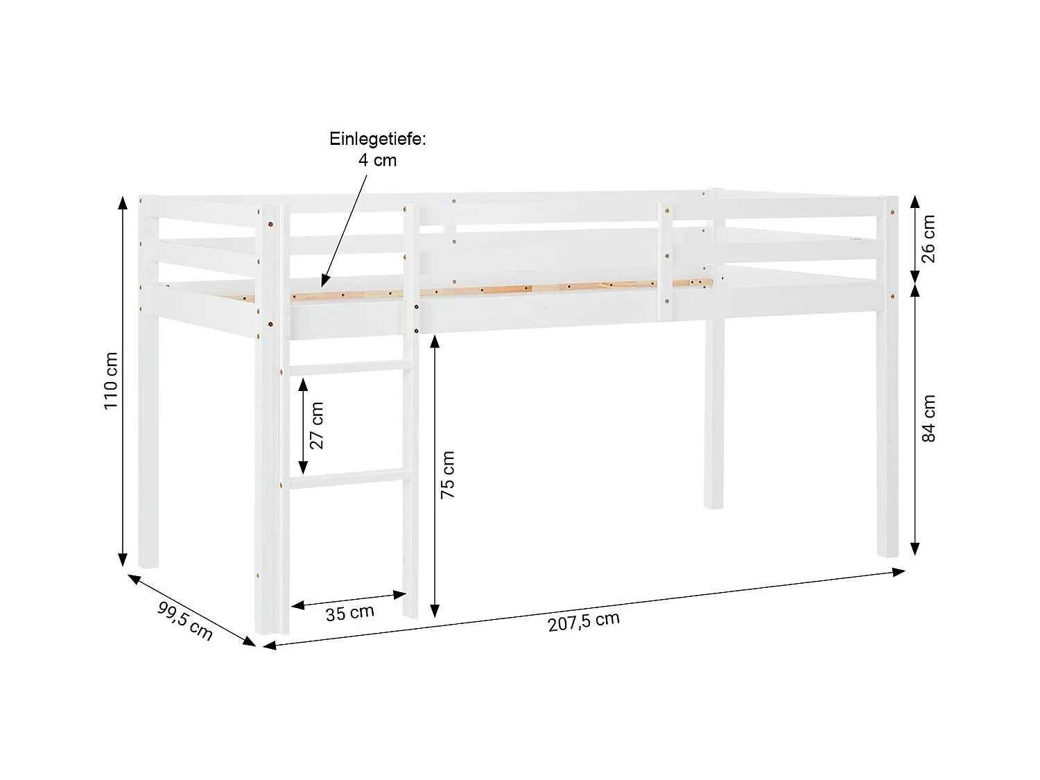 Lit mezzanine 90x200 cm vert en pin massif avec rideau tunnel