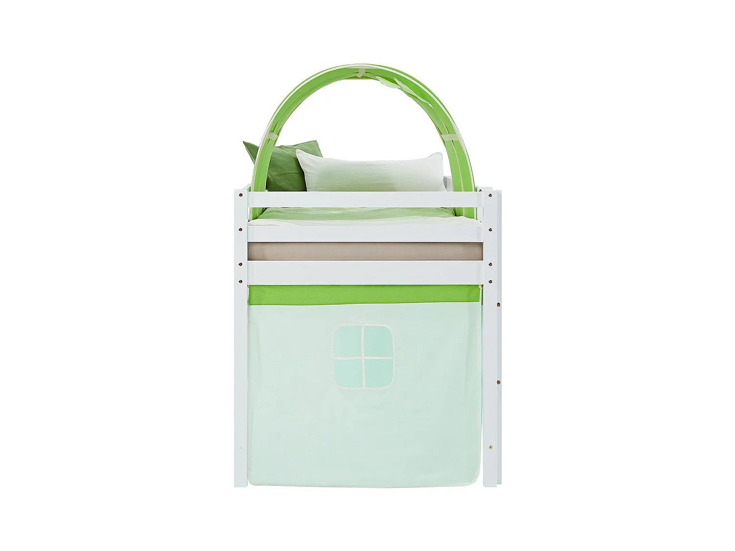 Lit mezzanine 90x200 cm vert en pin massif avec rideau tunnel