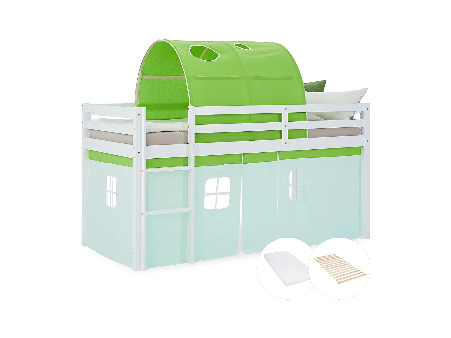 Hochbett 90x200 cm grün Massives Kiefernholz Vorhang Tunnel