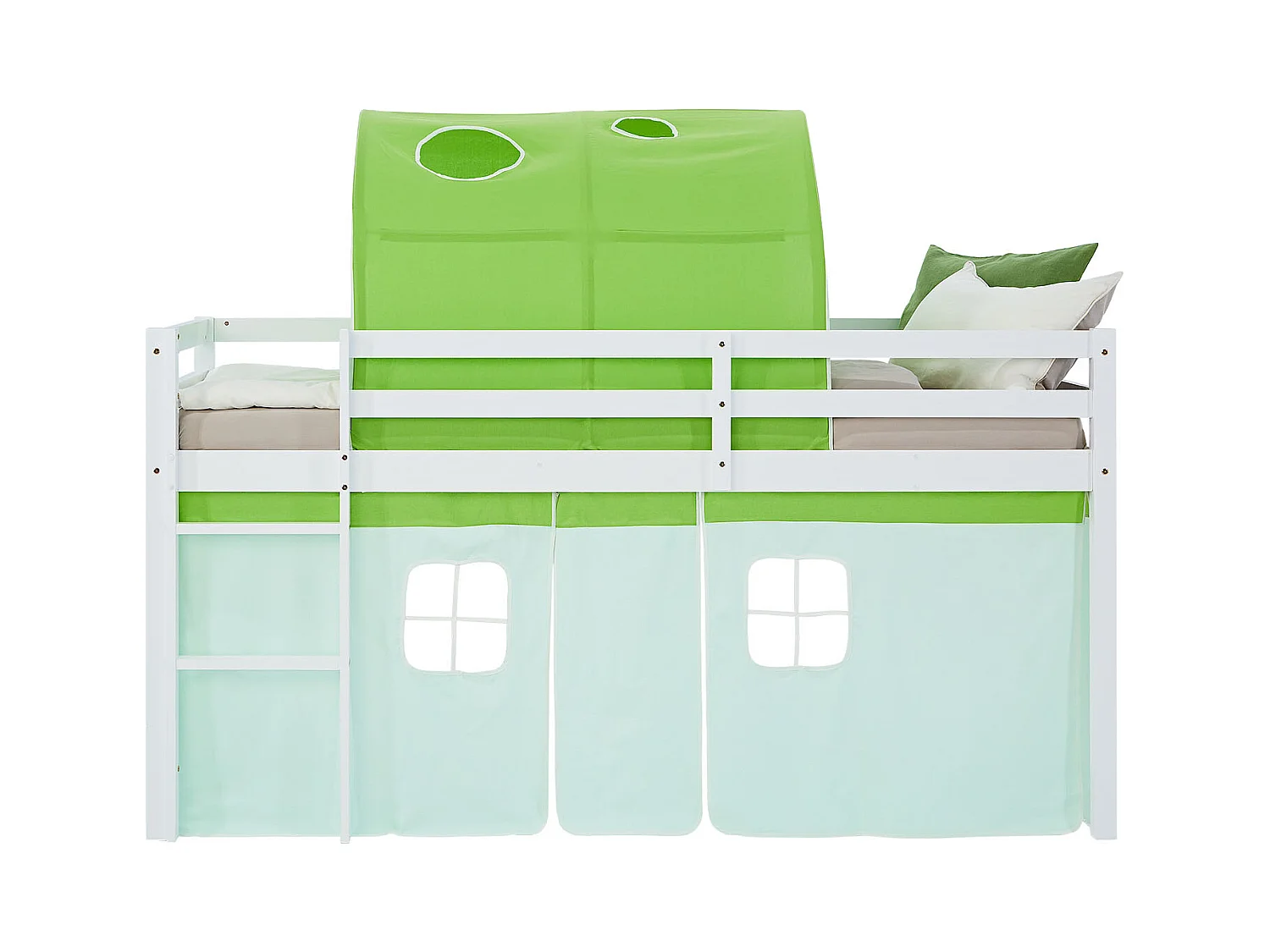 Hochbett 90x200 cm grün Massives Kiefernholz Vorhang Tunnel