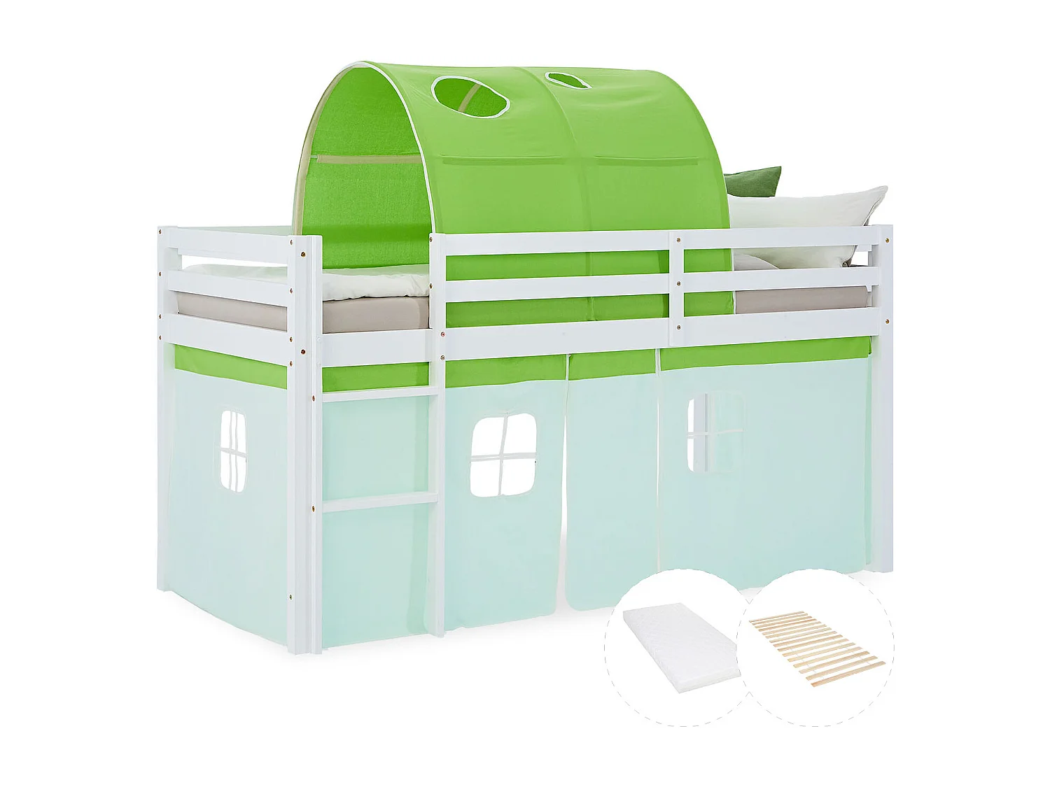 Hochbett 90x200 cm grün Massives Kiefernholz Vorhang Tunnel