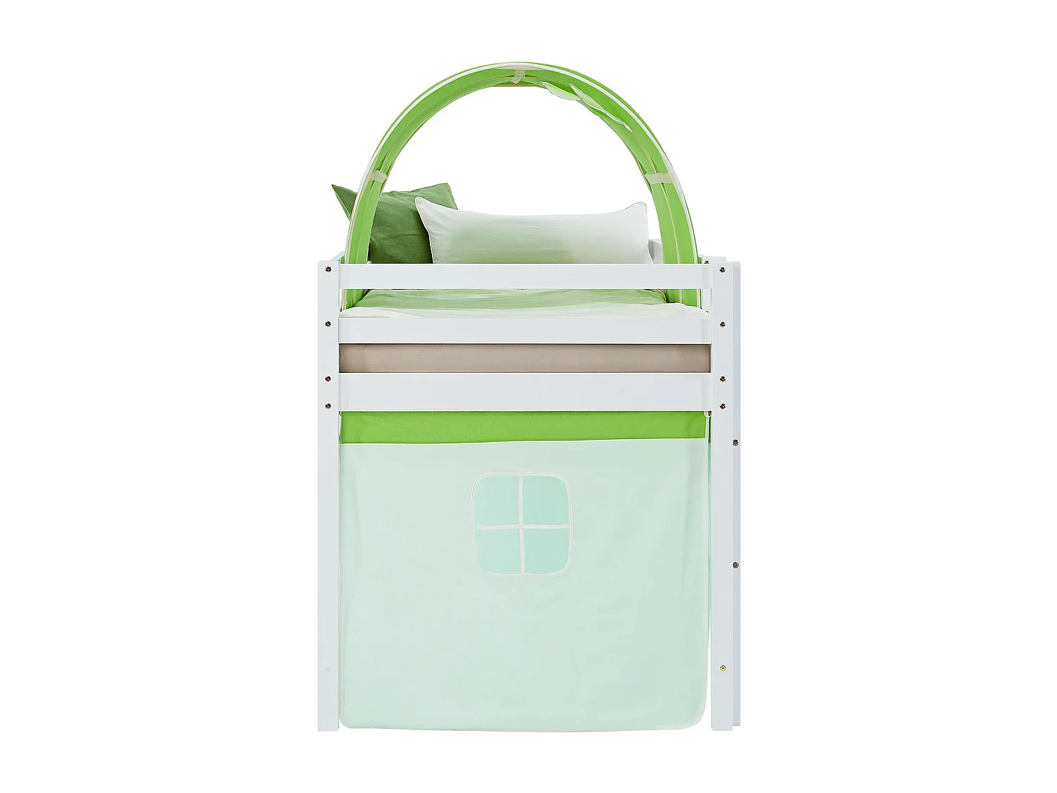 Hochbett 90x200 cm grün Massives Kiefernholz Vorhang Tunnel