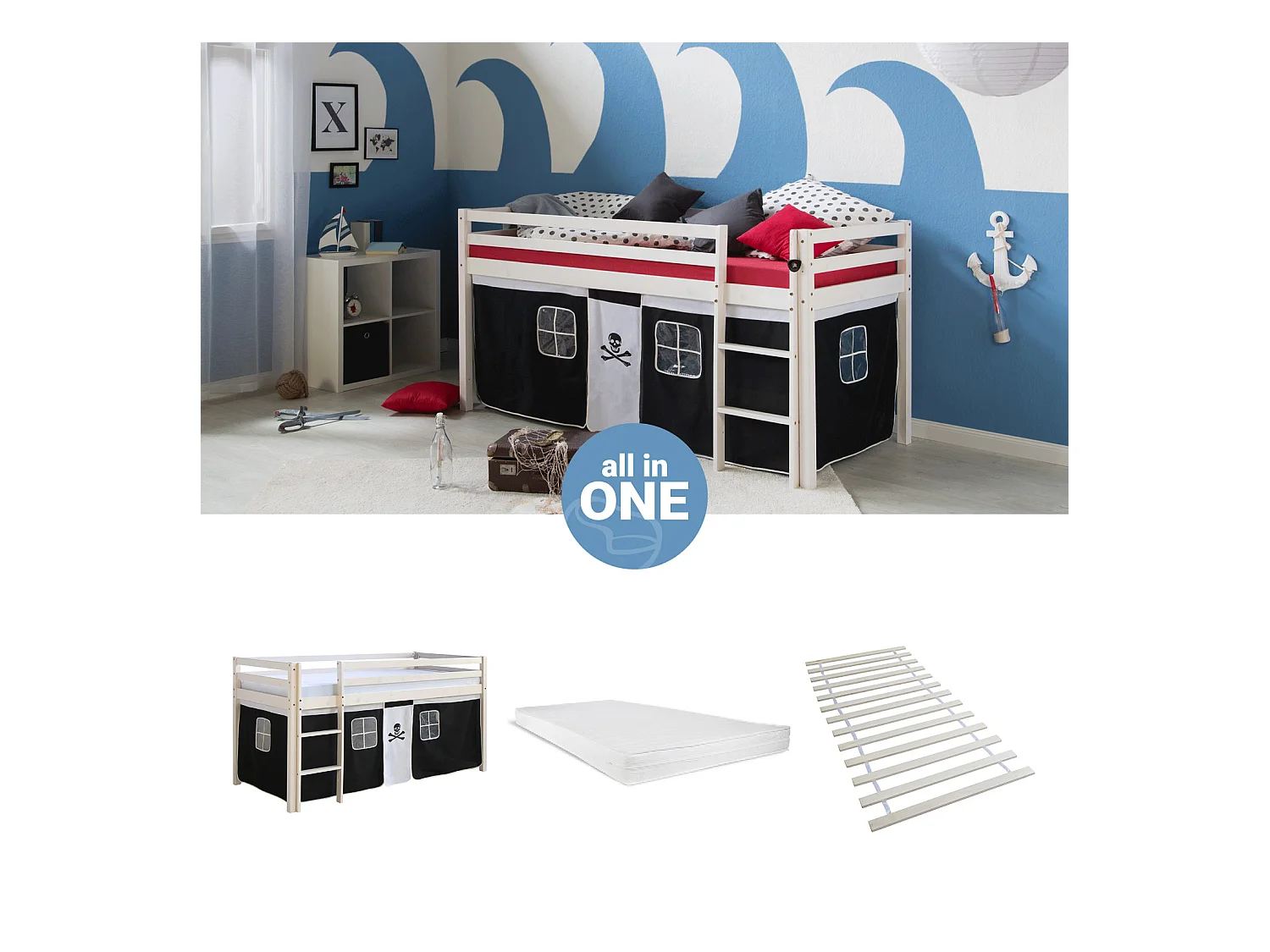 Hochbett 207,5x110x96,5 cm weiß schwarz Pirat