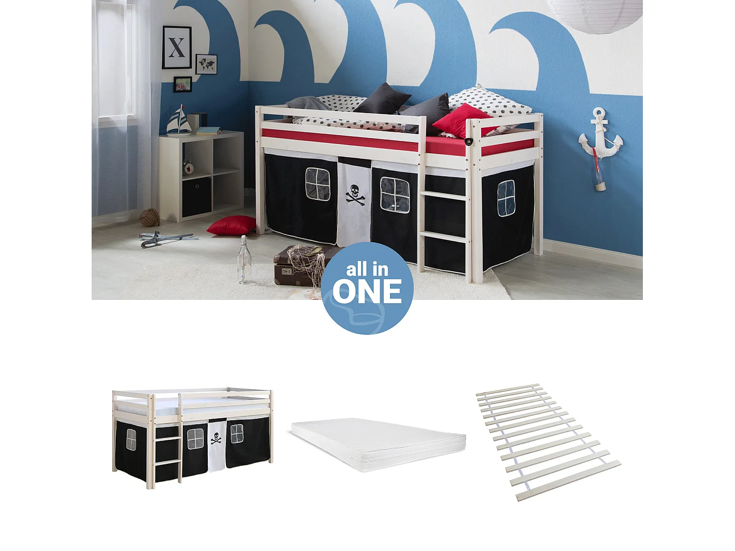 Lit mezzanine 207,5x110x96,5 cm blanc noir pirate