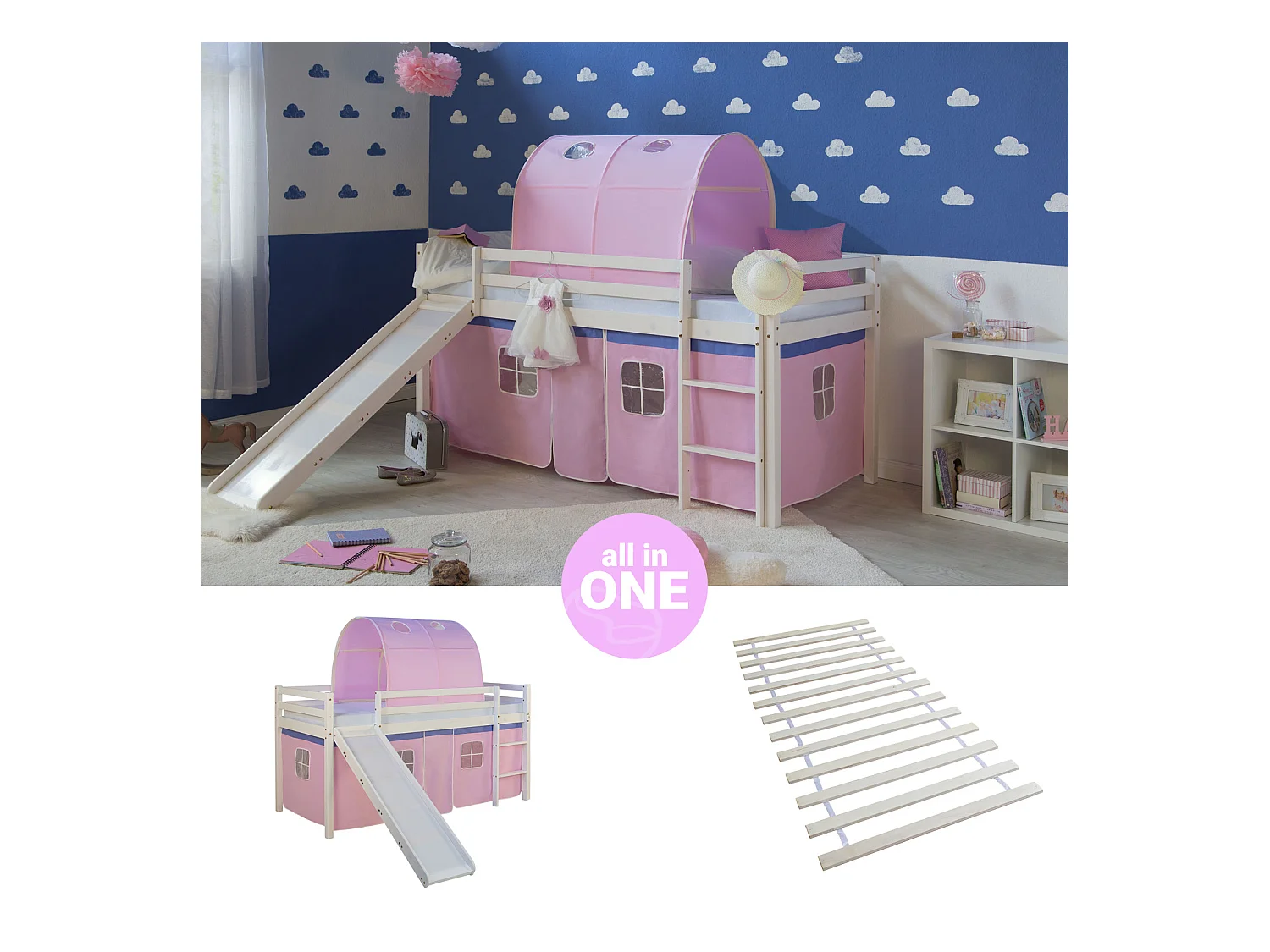 Hochbett mit Rutsche 90x200 cm Rosa Massivholz Kiefer Vorhang Tunnel