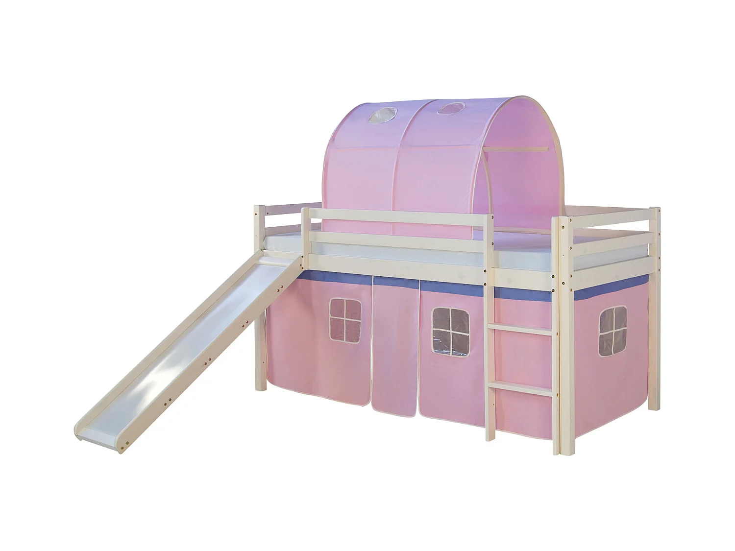 Hochbett mit Rutsche 90x200 cm Rosa Massivholz Kiefer Vorhang Tunnel