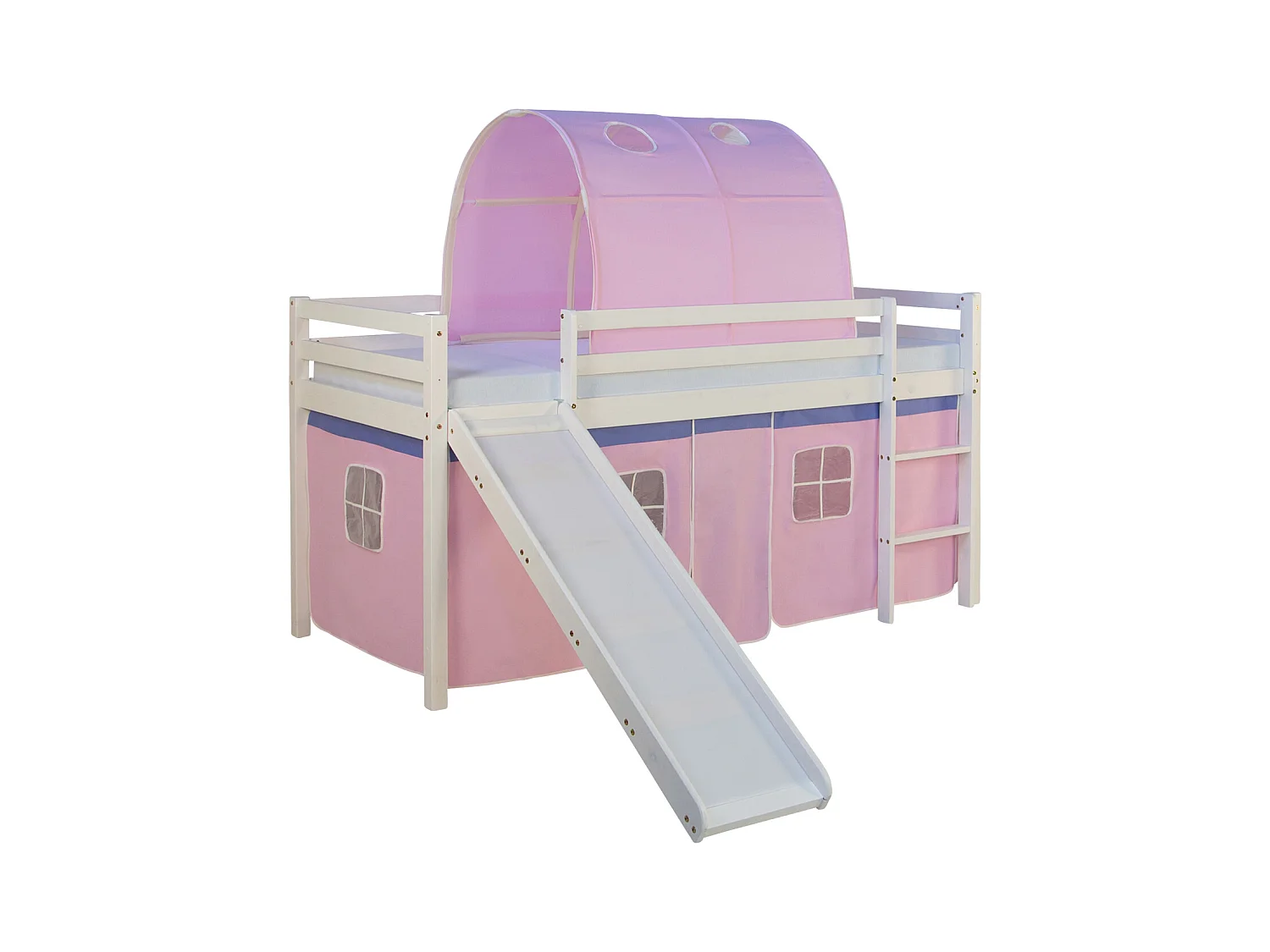 Hochbett mit Rutsche 90x200 cm Rosa Massivholz Kiefer Vorhang Tunnel