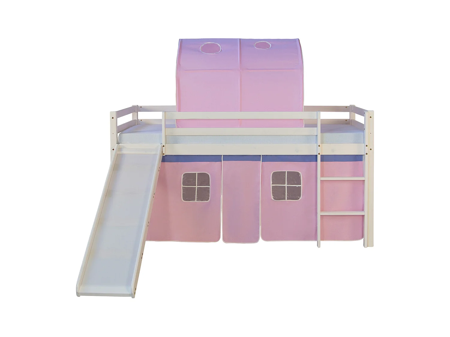Hochbett mit Rutsche 90x200 cm Rosa Massivholz Kiefer Vorhang Tunnel