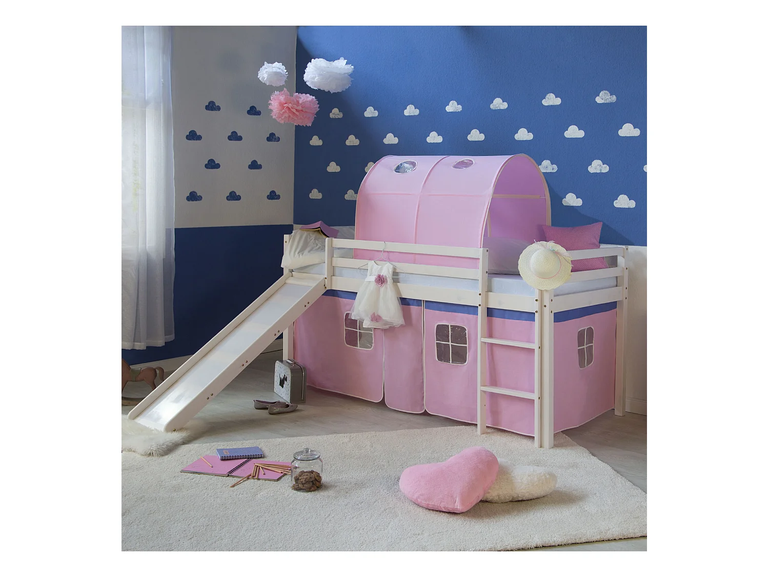 Letto a soppalco con scivolo 90x200 cm Legno di pino massiccio rosa Tenda tunnel