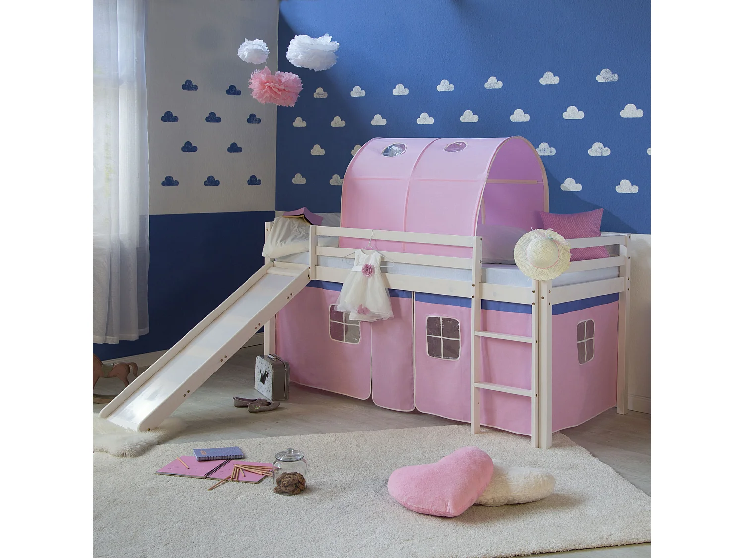 Hochbett mit Rutsche 90x200 cm Rosa Massivholz Kiefer Vorhang Tunnel