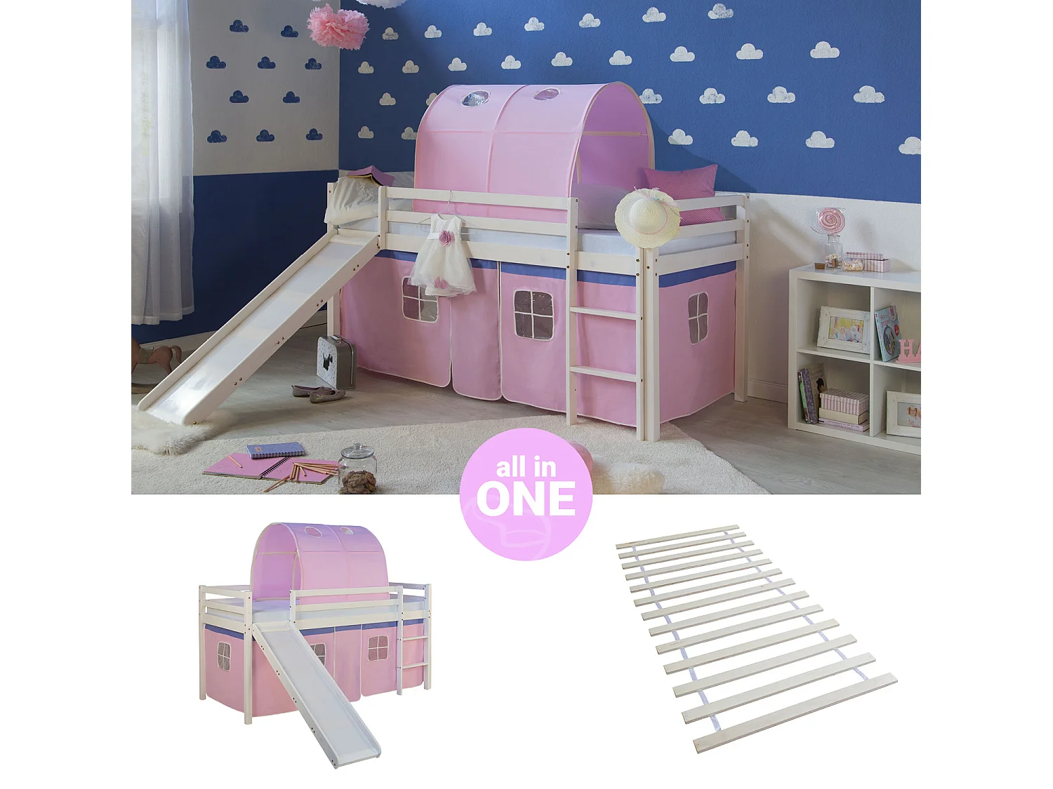 Hochbett mit Rutsche 90x200 cm Rosa Massivholz Kiefer Vorhang Tunnel