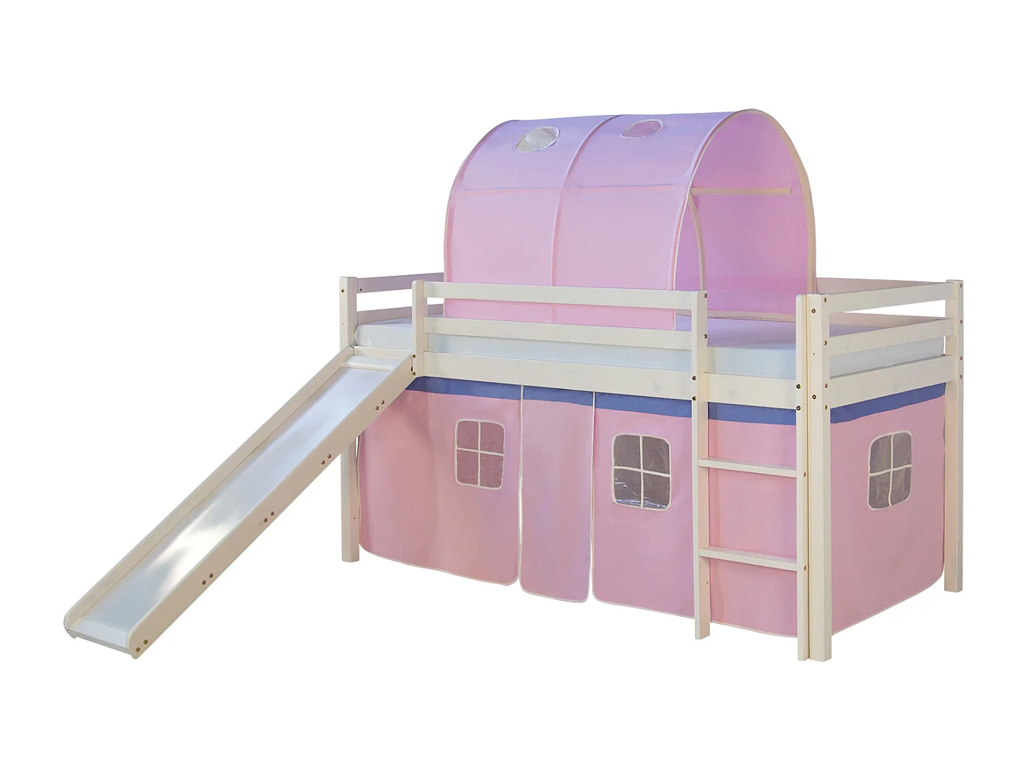 Hochbett mit Rutsche 90x200 cm Rosa Massivholz Kiefer Vorhang Tunnel