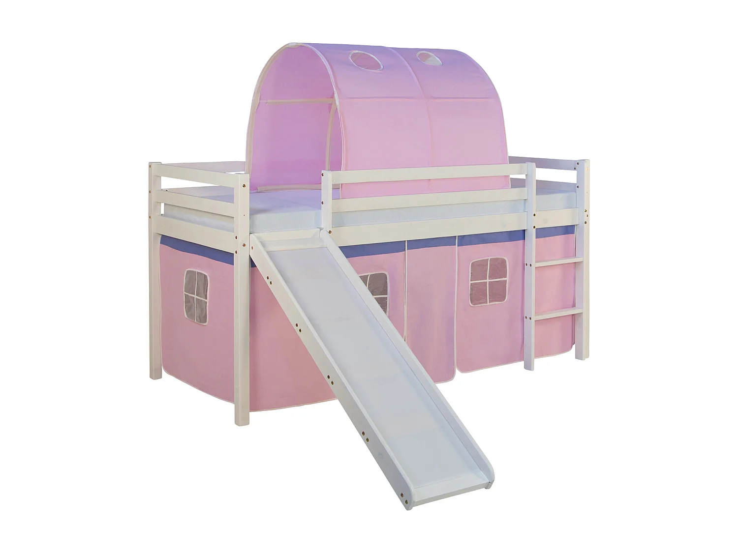 Hochbett mit Rutsche 90x200 cm Rosa Massivholz Kiefer Vorhang Tunnel