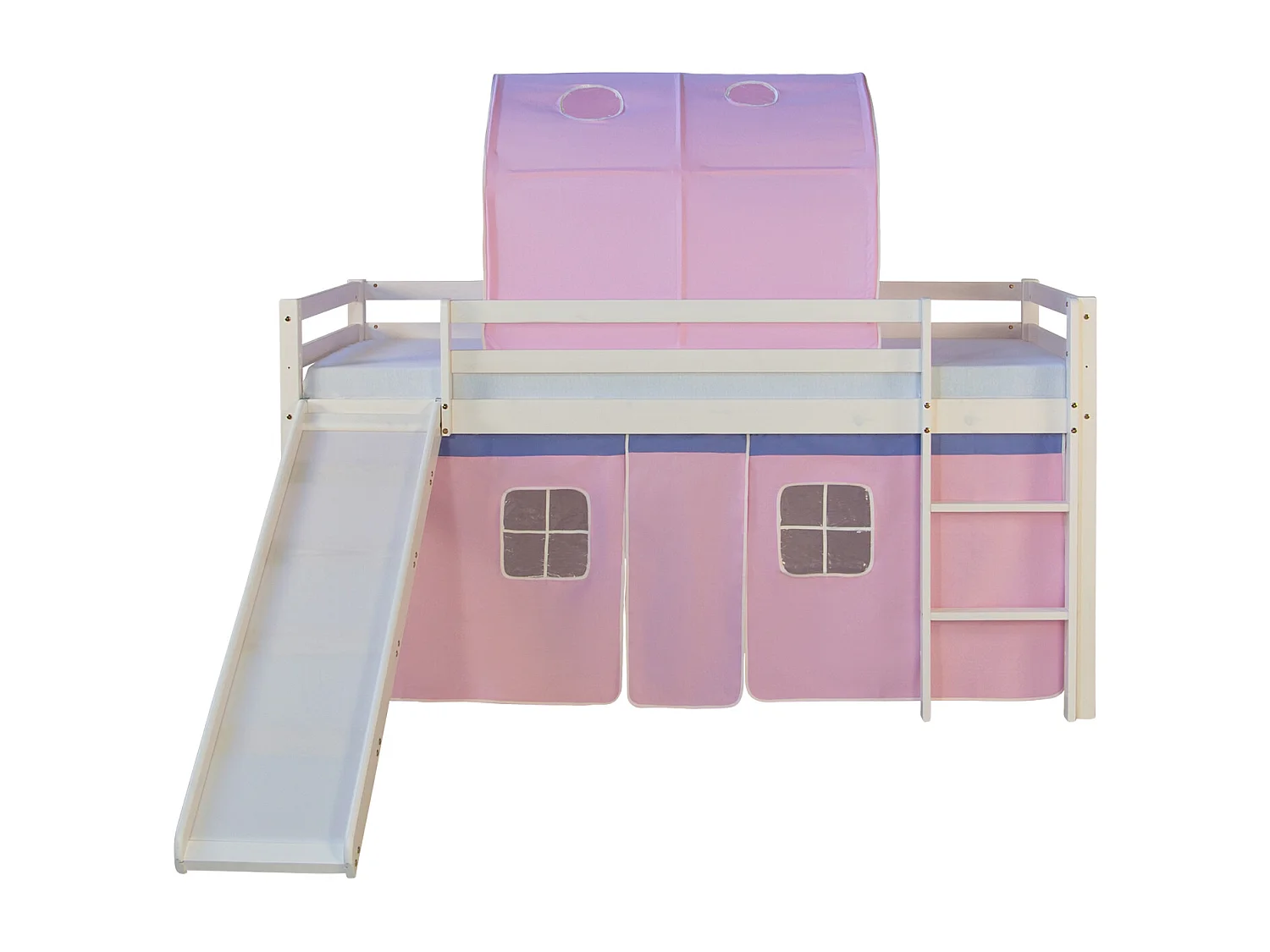 Hochbett mit Rutsche 90x200 cm Rosa Massivholz Kiefer Vorhang Tunnel