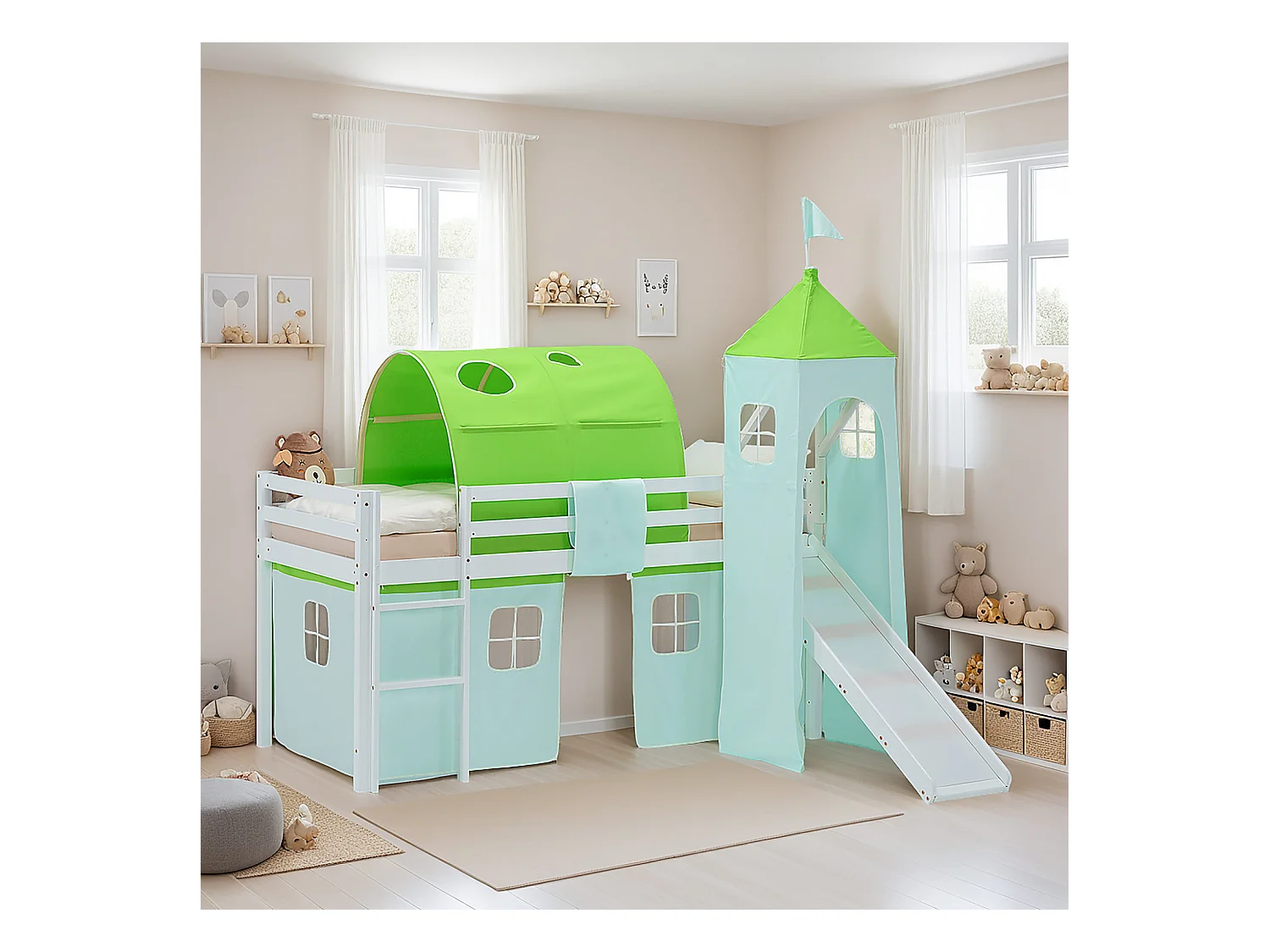 Lit mezzanine pour enfants 90x200 cm Blanc Vert