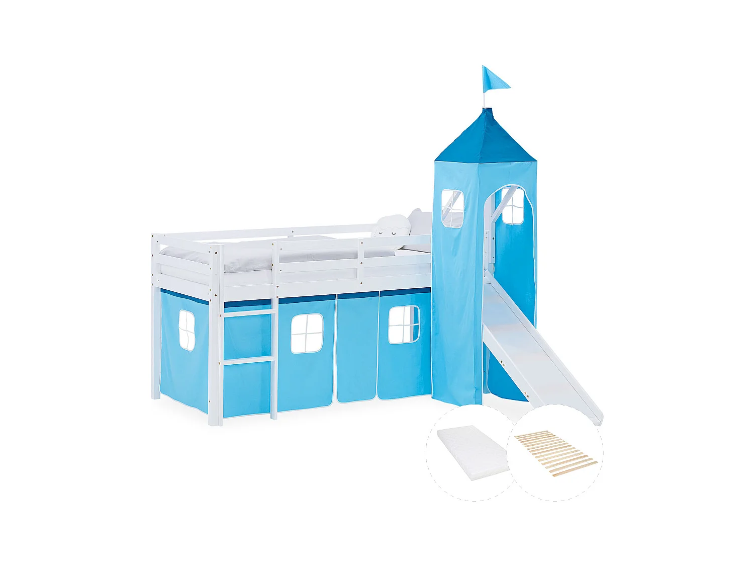 Hochbett für Kinder 90x200 cm weiß mit blauem Vorhang