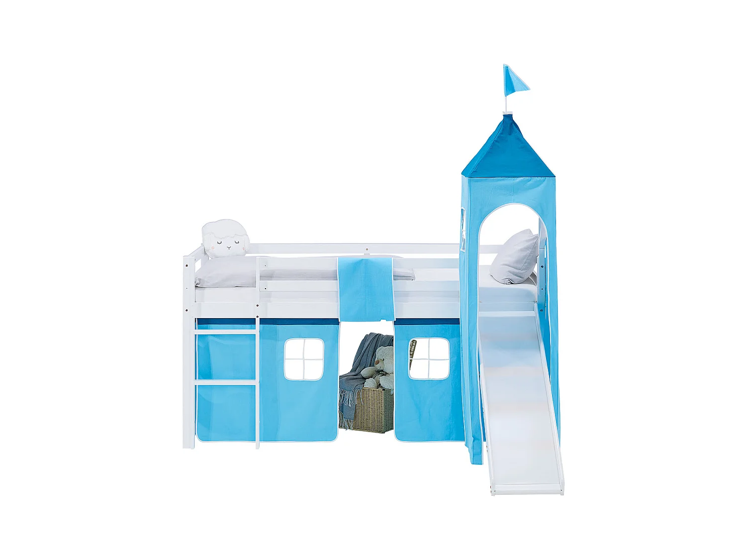 Hochbett für Kinder 90x200 cm weiß mit blauem Vorhang