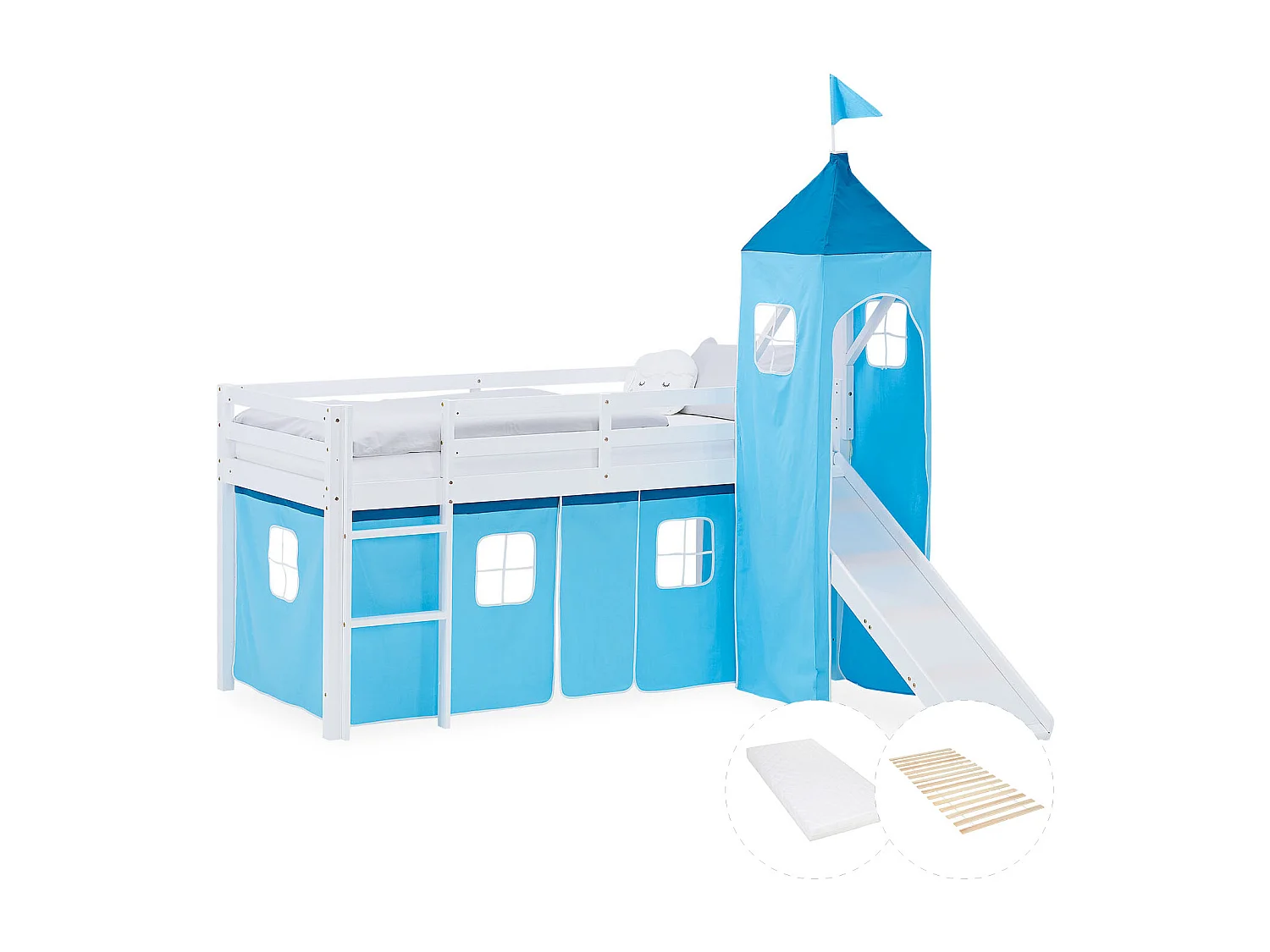 Hochbett für Kinder 90x200 cm weiß mit blauem Vorhang