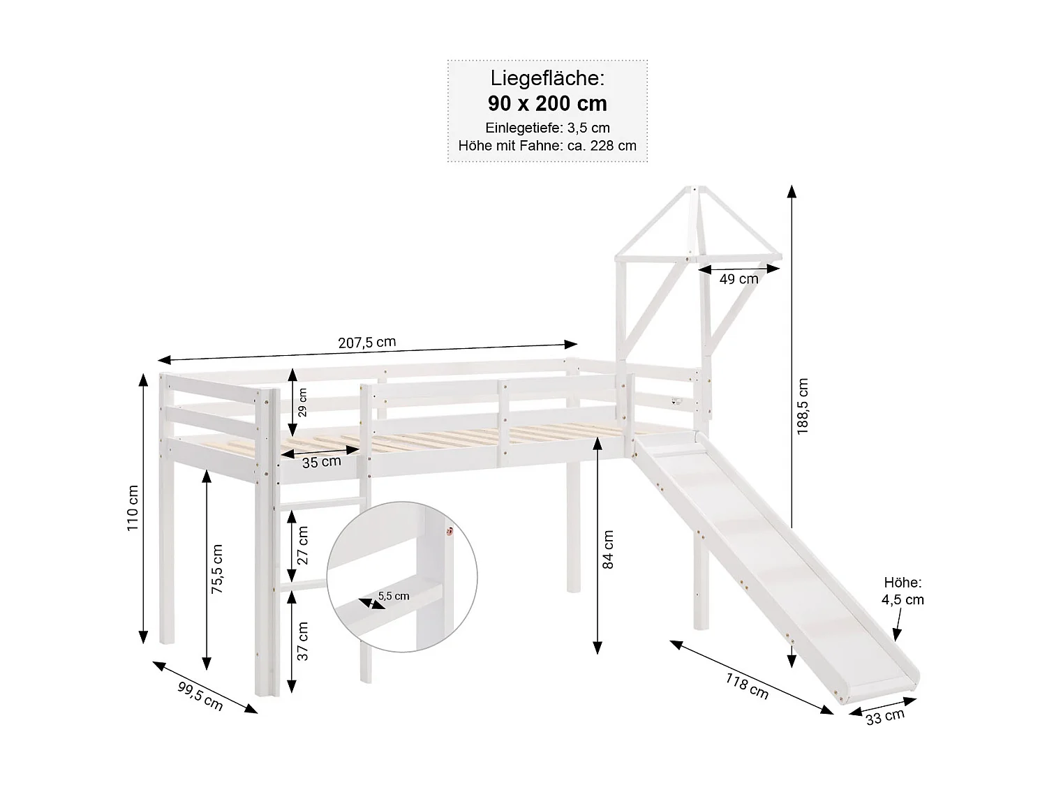 Hochbett für Kinder 90x200 cm weiß mit blauem Vorhang