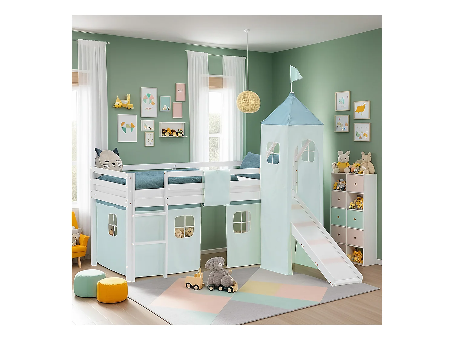 Lit mezzanine pour enfants 90x200 cm Blanc Vert avec Rideau, Toboggan, Tour, Sommier à lattes et Matelas