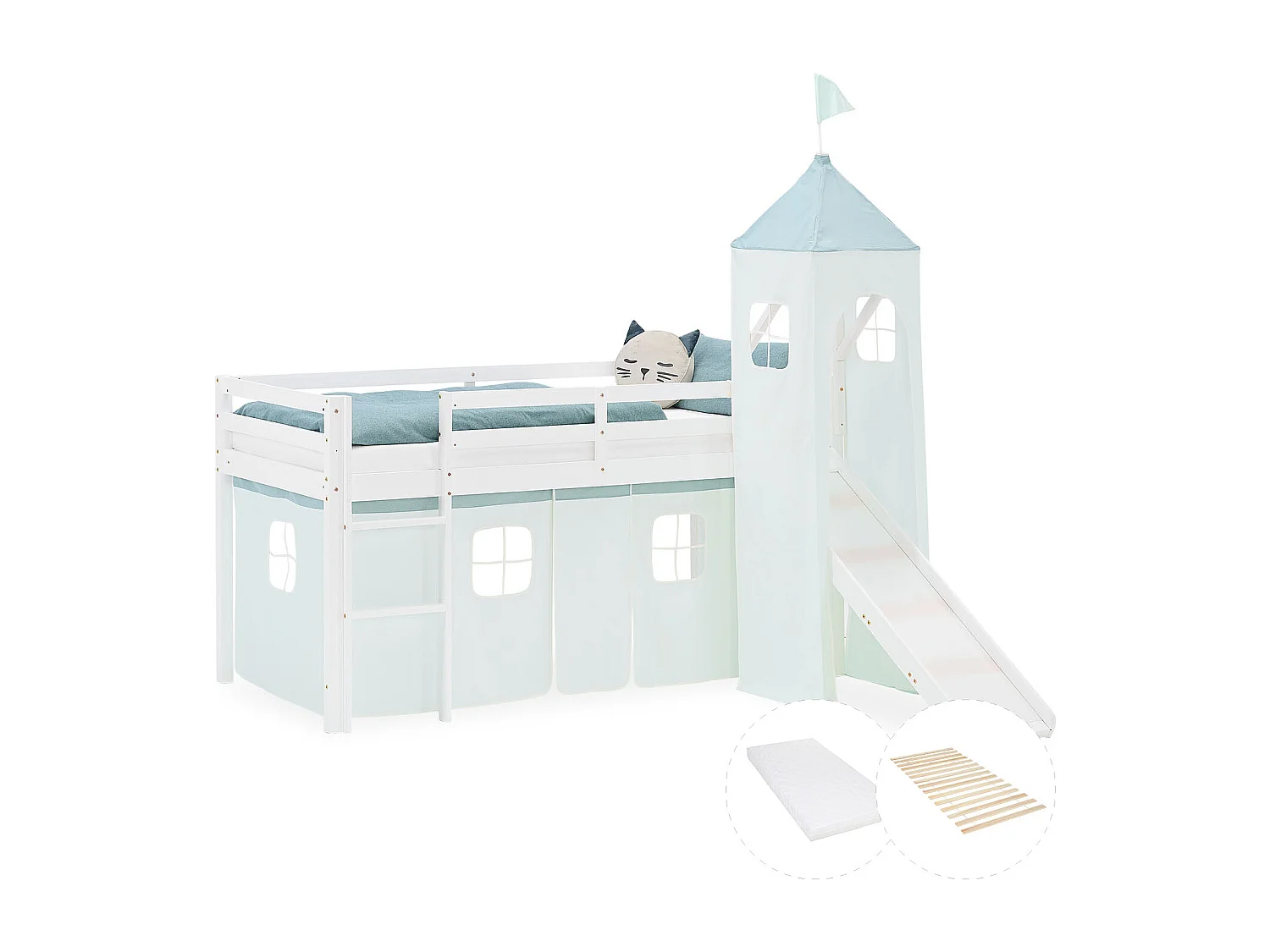 Cama Alta para Crianças 90x200 cm Branco Verde com Cortina Escorregador Torre Estrado de Ripas e Colchão