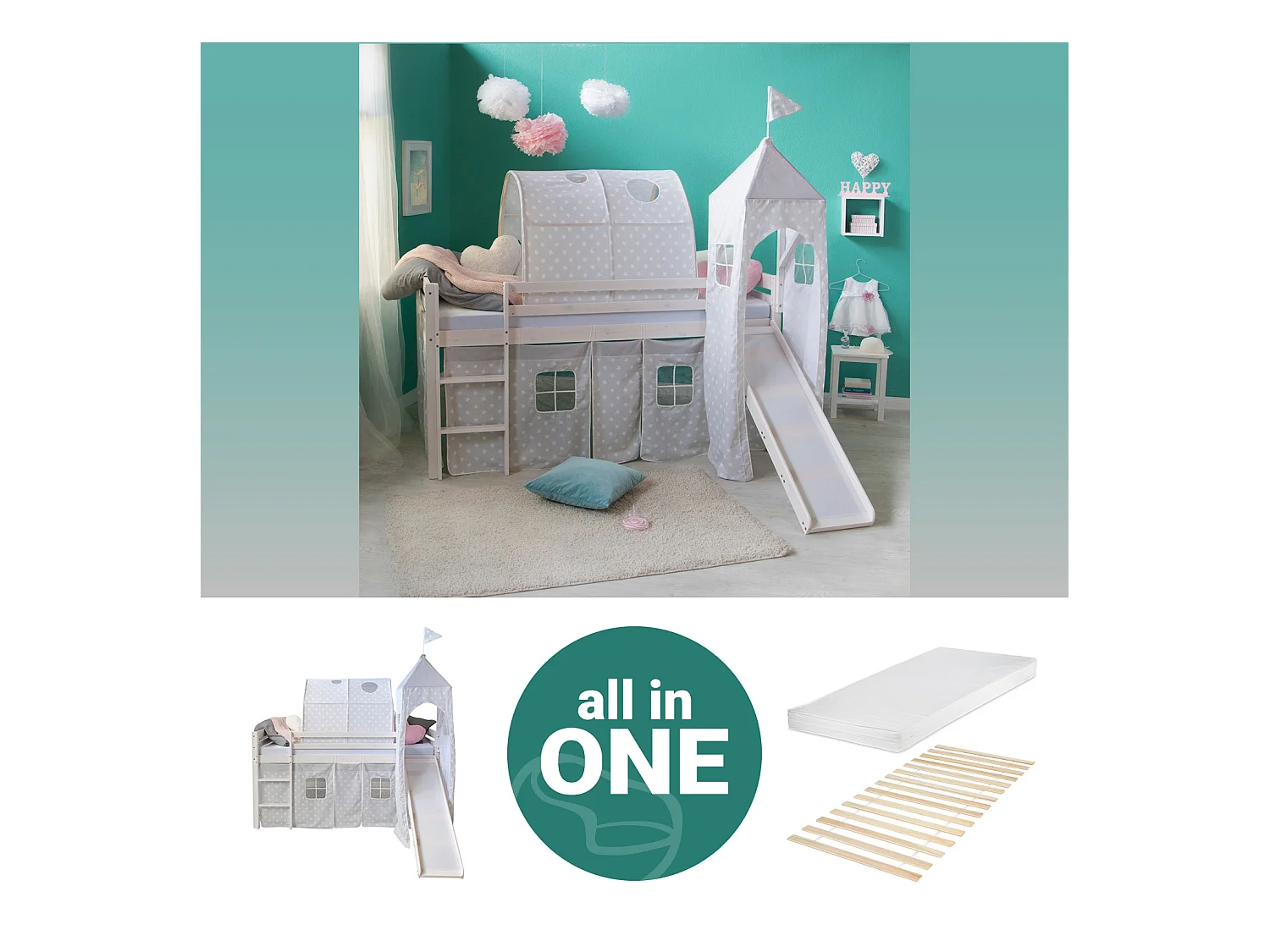 Lit mezzanine avec toboggan 90x200 cm Gris Bois de Pin Massif