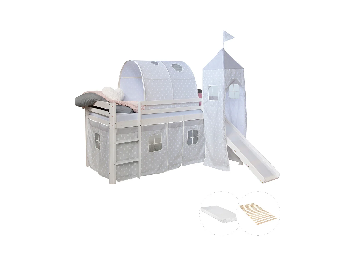 Lit mezzanine avec toboggan 90x200 cm Gris Bois de Pin Massif