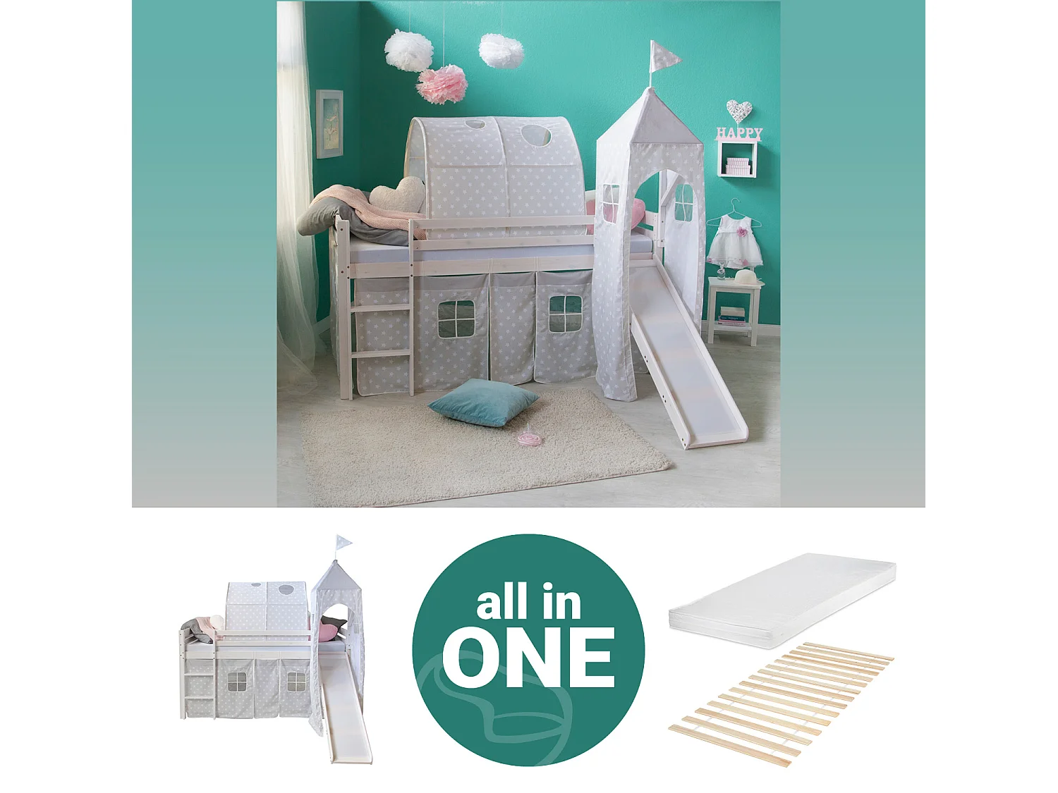 Lit mezzanine avec toboggan 90x200 cm Gris Bois de Pin Massif