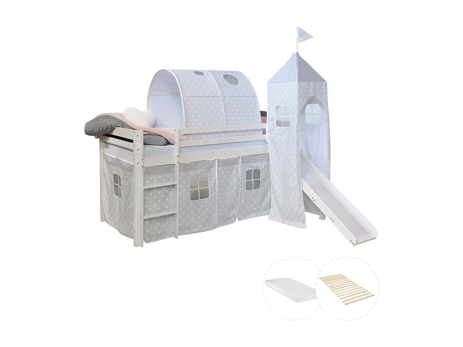 Lit mezzanine avec toboggan 90x200 cm Gris Bois de Pin Massif