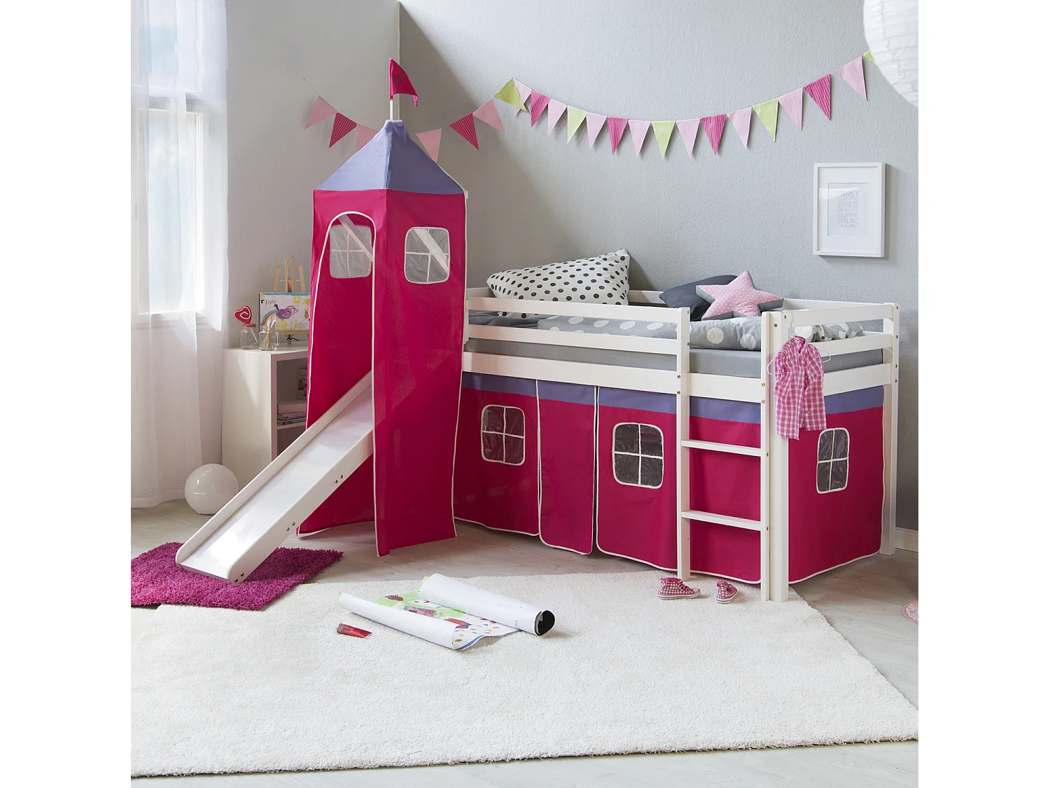 Hochbett mit Rutsche 90x200 cm Pinker Turm Lattenrost Etagenbett
