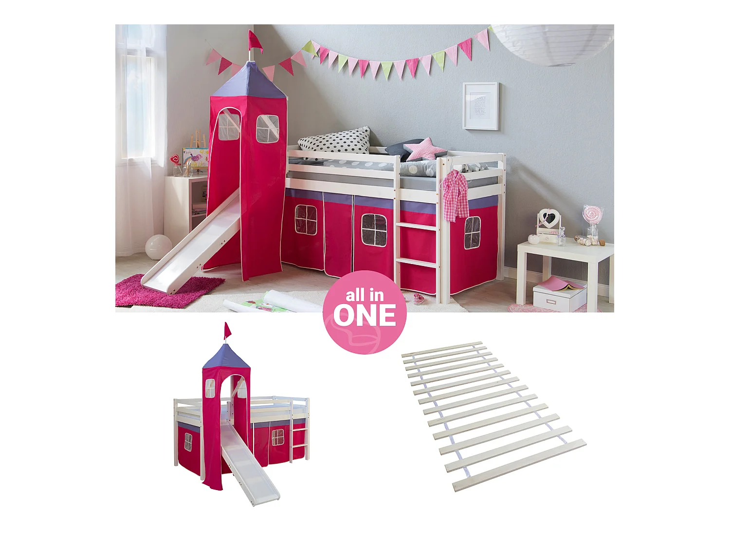 Hochbett mit Rutsche 90x200 cm Pinker Turm Lattenrost Etagenbett