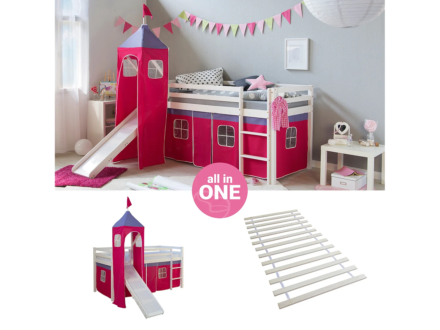 Lit mezzanine avec toboggan 90x200 cm Tour Rose Lattes Lit superposé