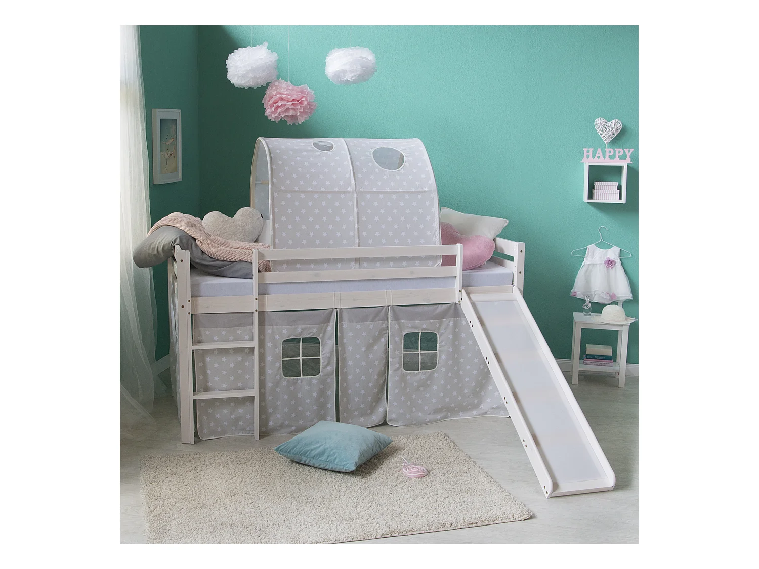 Hochbett mit Rutsche 90x200 cm Grau Sterne