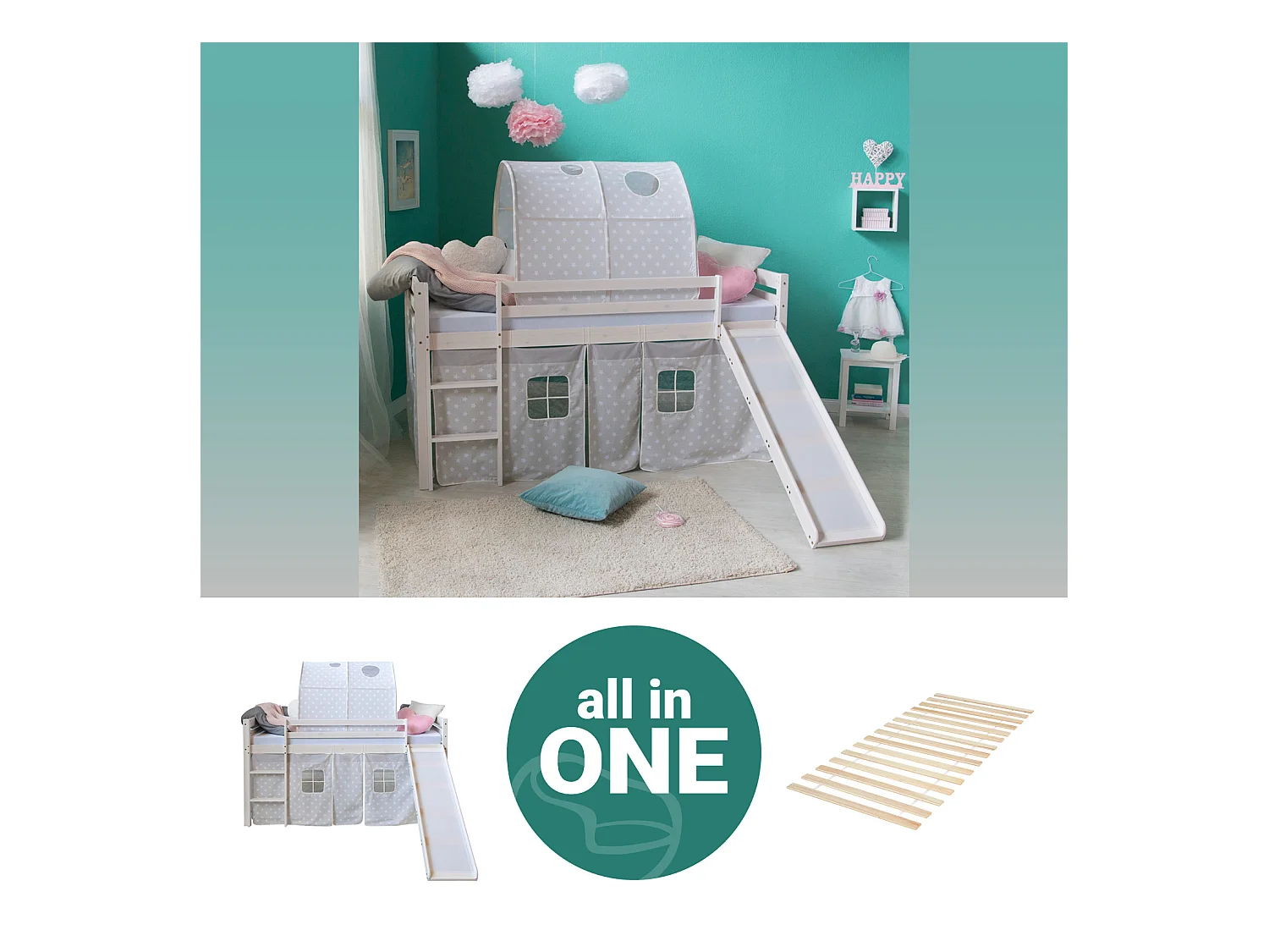 Hochbett mit Rutsche 90x200 cm Grau Sterne