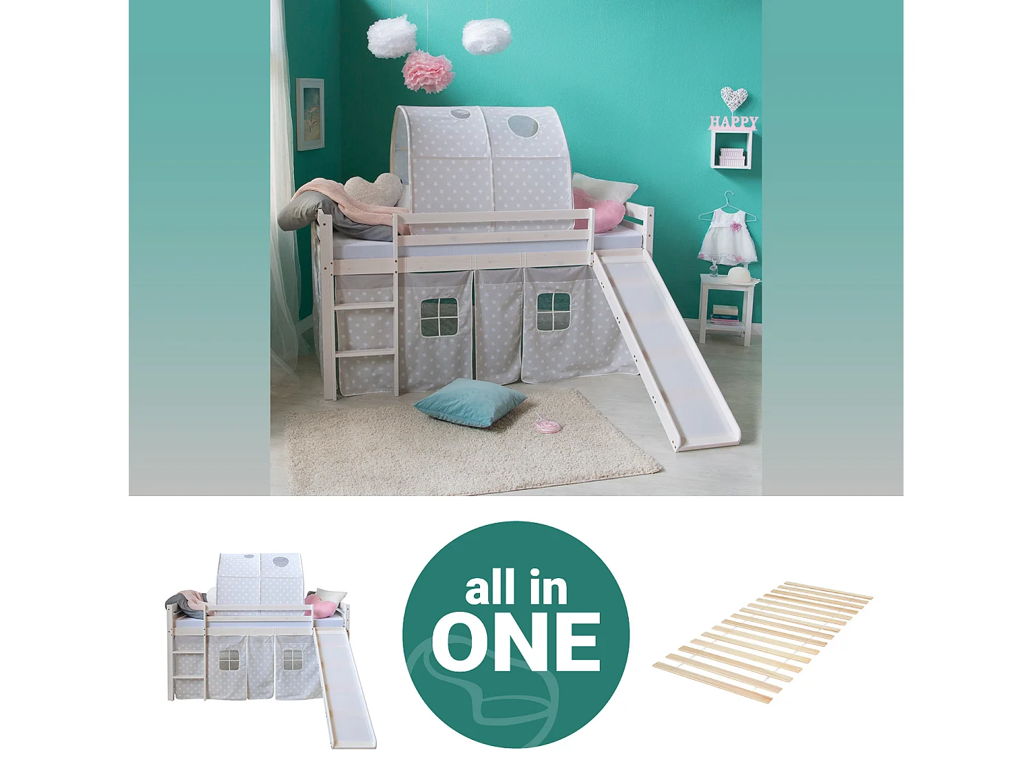 Lit mezzanine avec toboggan 90x200 cm Gris Étoiles