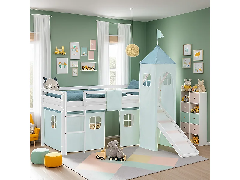 Hochbett für Kinder 90x200 cm weiß mit Vorhang in Mintgrün, Rutschenturm mit Lattenrost